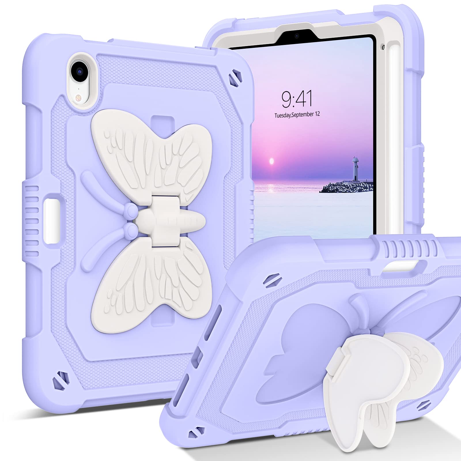 BENTOBEN iPad Mini 7 Case with Pencil Holder & Kickstand - Shockproof Protective Cover for iPad Mini 7th/6th Gen (2024/2021) - Heavy Duty Bumper Case for Kids & Adults - Purple Design - Perfect for School, Travel & Everyday Use