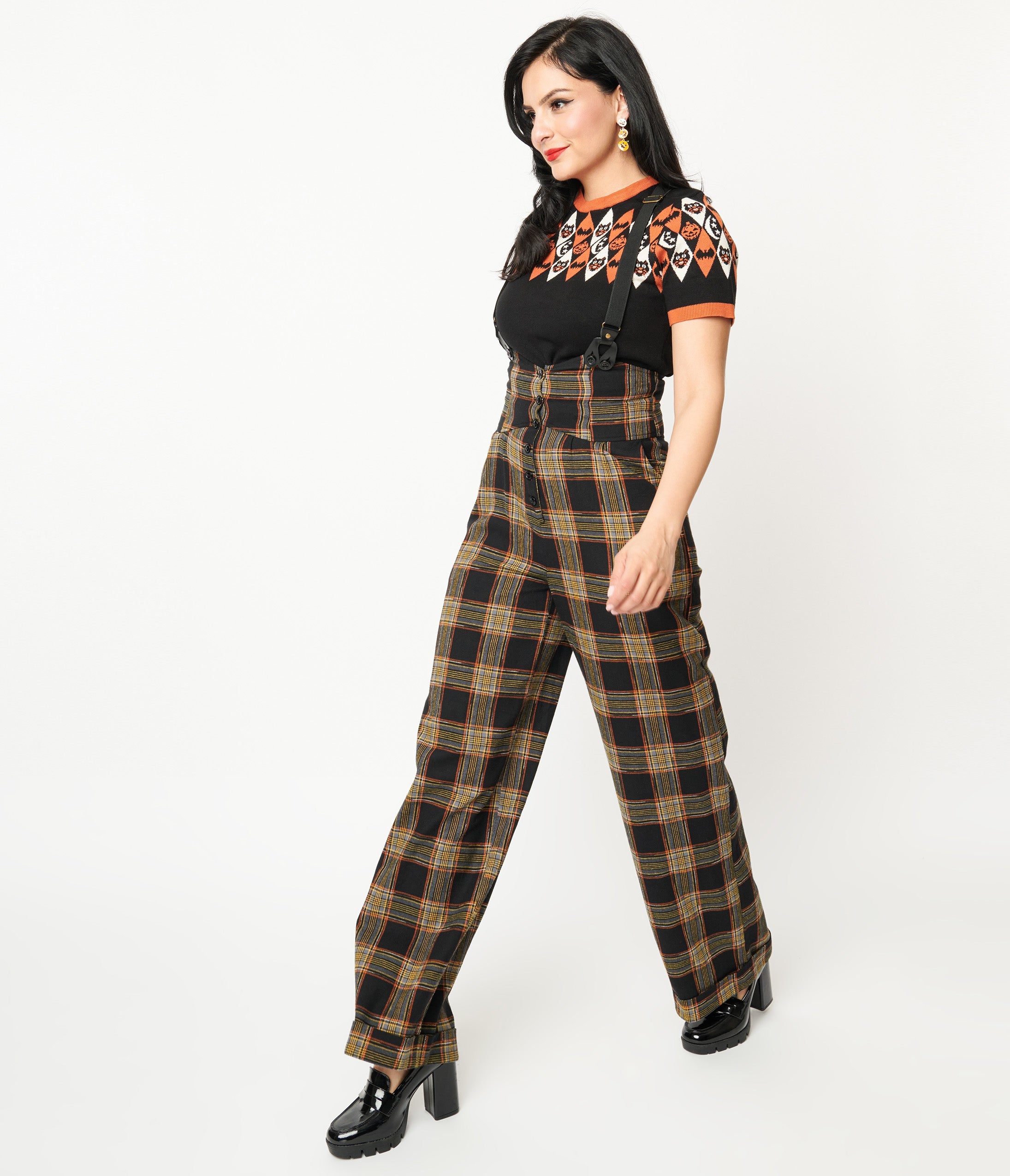 Vintage 1930s Thelma High Waist Suspender Pants - Black & Orange Plaid Retro Trousers for Women | Perfect for Cosplay, Steampunk Fashion & Vintage Themed Parties