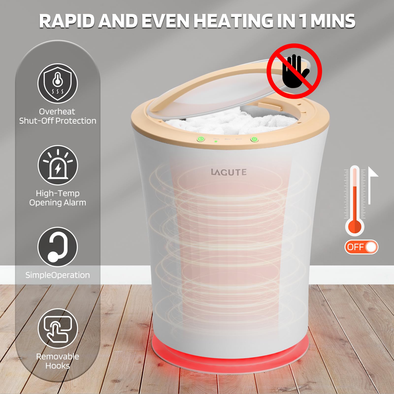 Lagute WiFi-Controlled Bathroom Towel Warmer Bucket with Timer, Alarm & RGB Lighting - Warm Beige | Luxury Spa, Hotel & Home Bathroom Accessory for Cozy Towels