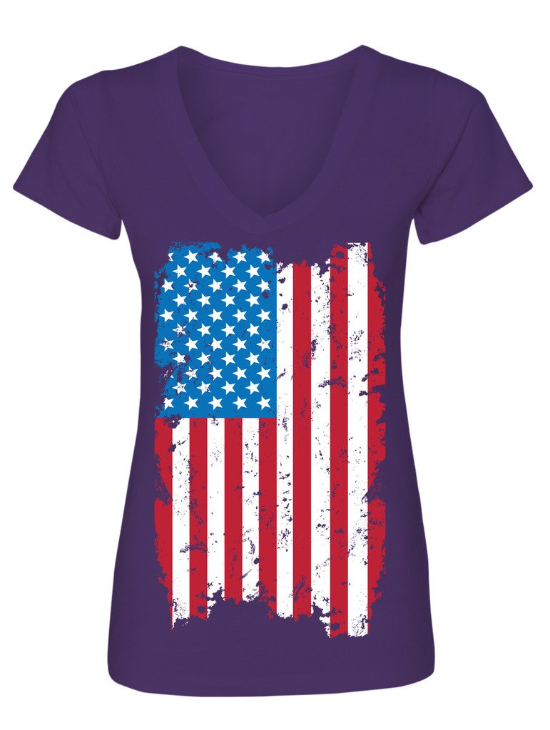 Patriotic Women's Distressed American Flag V-Neck T-Shirt - Purple Large Size | USA Flag Graphic Tee for 4th of July, Memorial Day & Casual Outfits