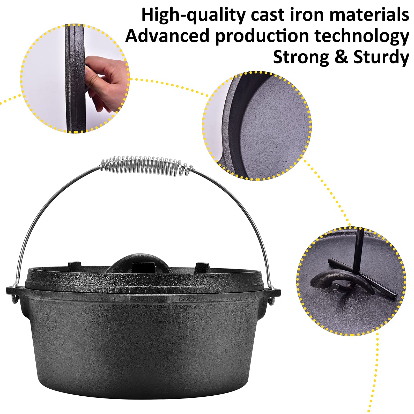 10 Quart Pre-Seasoned Cast Iron Dutch Oven with Lid Lifter Handle - Heavy Duty Casserole Pot for Camping, BBQ, Baking & Outdoor Cooking - Perfect for Stews, Soups and Bread Making