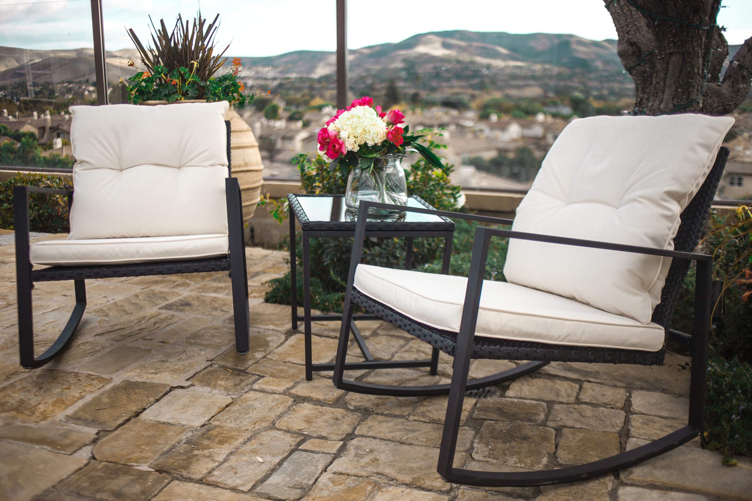 SUNCROWN 3-Piece Outdoor Rocking Bistro Set - Black Wicker Patio Furniture with Glass Coffee Table, Beige Cushions - Perfect for Porch, Garden, and Backyard Relaxation