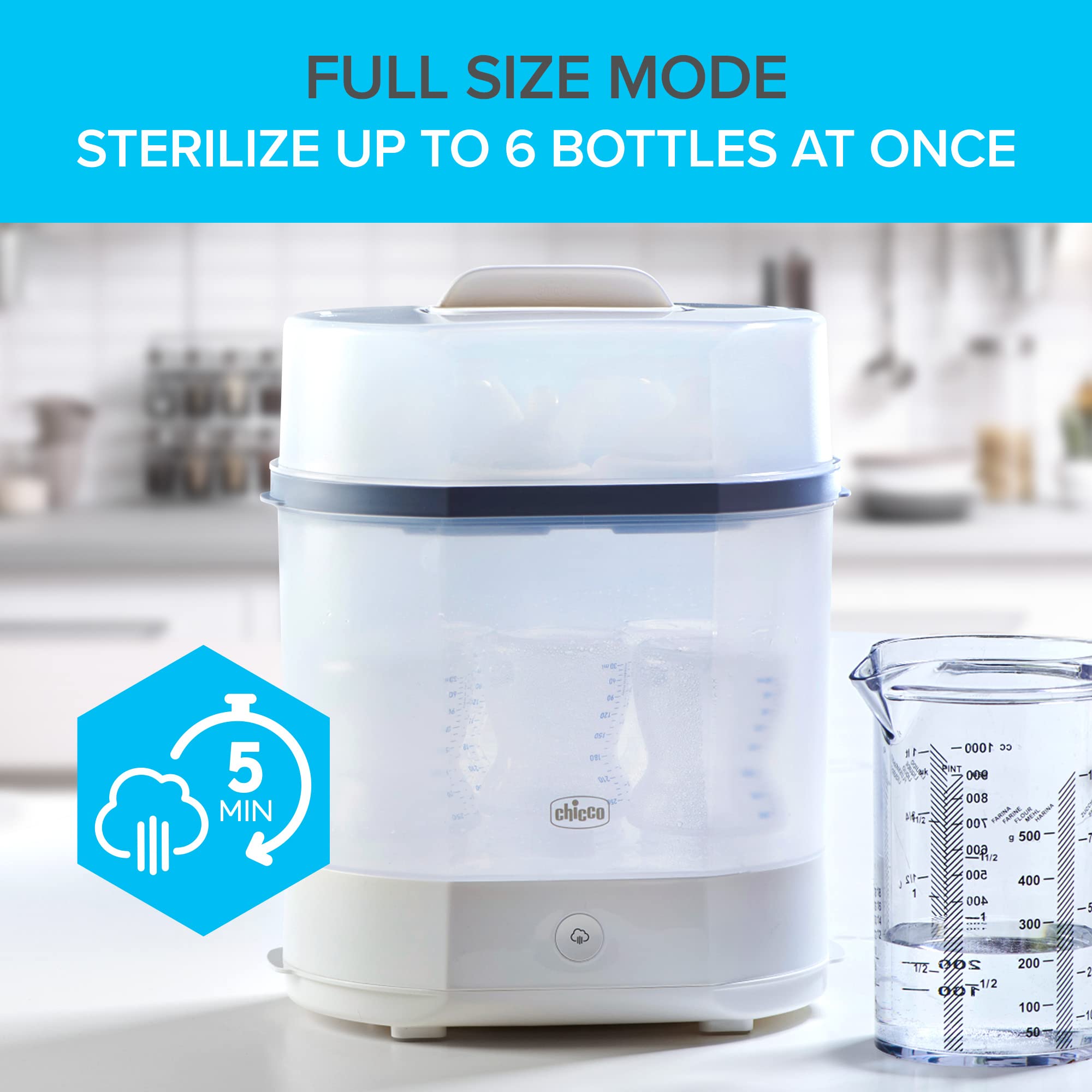 Chicco 3-in-1 Baby Bottle Steam Sterilizer - Eliminates 99.9% of Germs | Fast Natural Sterilization for Pacifiers & Breast Pump Parts | White/Grey | Perfect for Nursery, Daycare & Travel Use