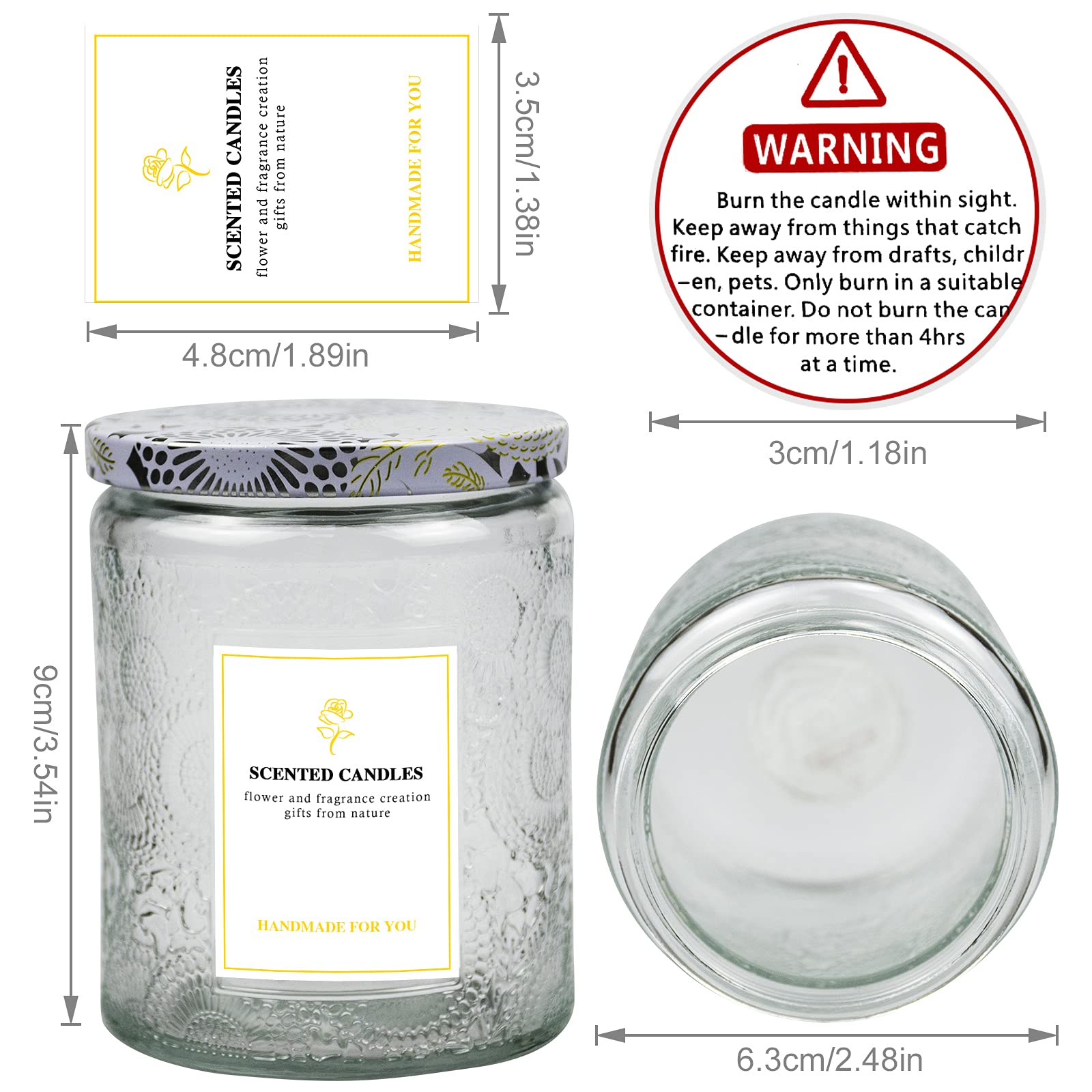 8.8oz (9 Pack) Clear Embossed Glass Candle Jars with Tin Lids - DIY Candle Making Supplies Includes Sticker Labels & Warning Stickers - Perfect for Home Decor, Wedding Favors, and Craft Projects