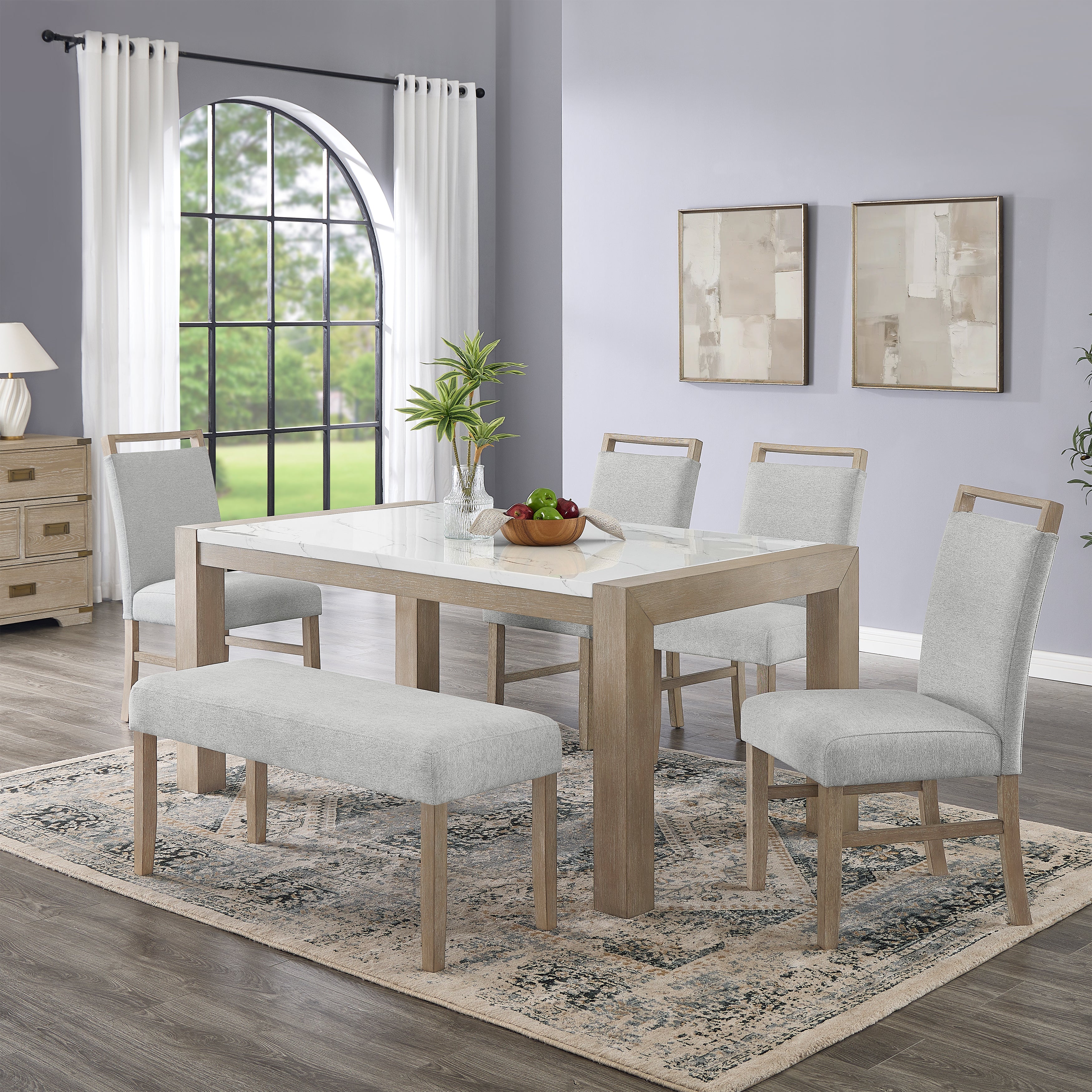 Roundhill Furniture Zelalle 6-Piece Dining Set with Table, 4 Chairs & Bench - White Wired Brushed Finish for Kitchen, Breakfast Nook or Small Dining Room