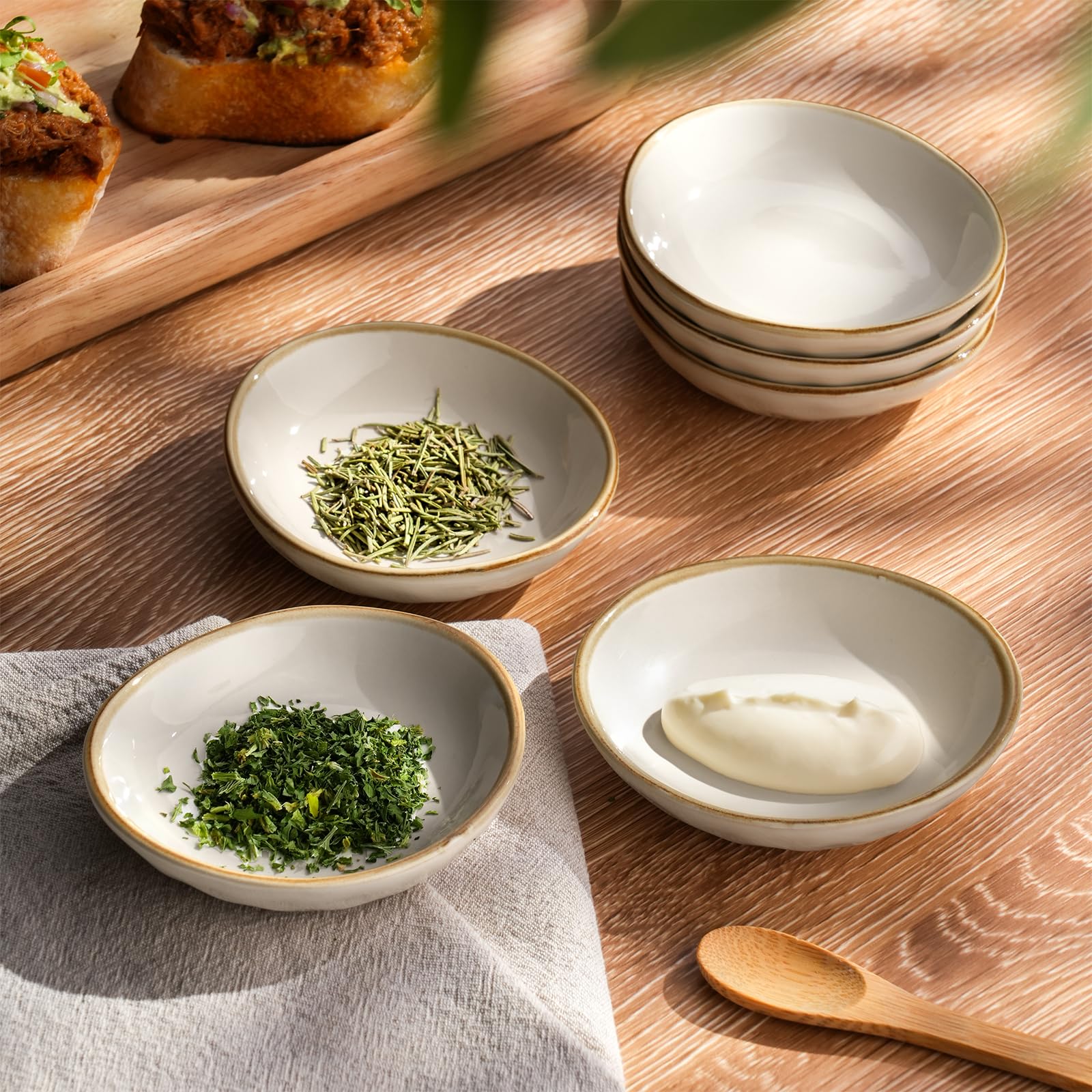 Famiware 6-Piece Oval Ceramic Soy Sauce Dishes - 2.1oz Small Dipping Bowls for Sushi, Appetizers, Snacks | Vanilla White | Dishwasher Safe | Perfect for Japanese Cuisine, Asian Restaurants & Home Kitchens