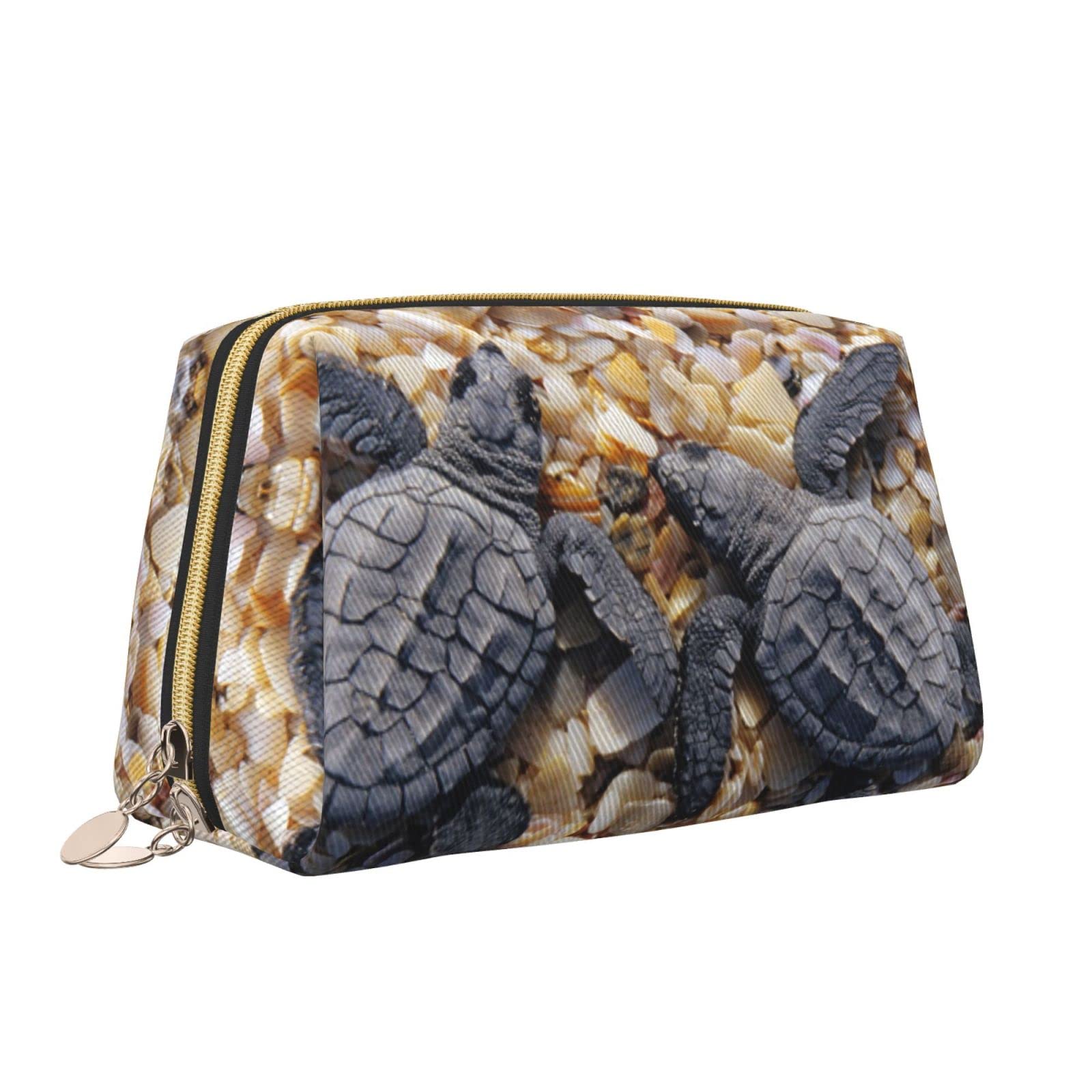 Waterproof Leather Makeup Bag for Women - Large Capacity Travel Cosmetic Organizer with Cute Baby Sea Turtle Beach Design | Perfect for Travel, Gym & Daily Use