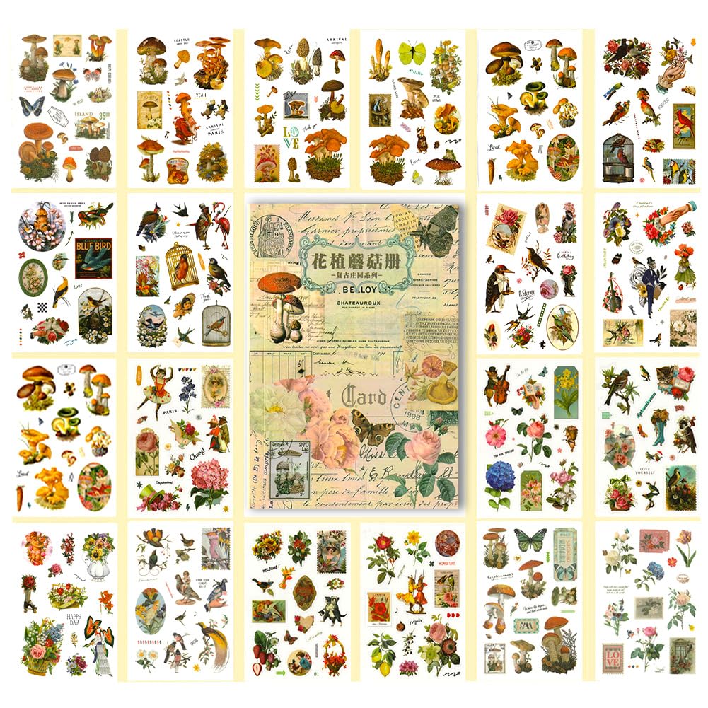 BLEDS Scrapbooking Stickers - Aesthetic Plant & Mushroom Stickers Kit with Ephemera for Journaling, Scrapbooking, Junk Journal, Planner & Card Decor | Perfect for DIY Crafts, Bullet Journals & Gift Making