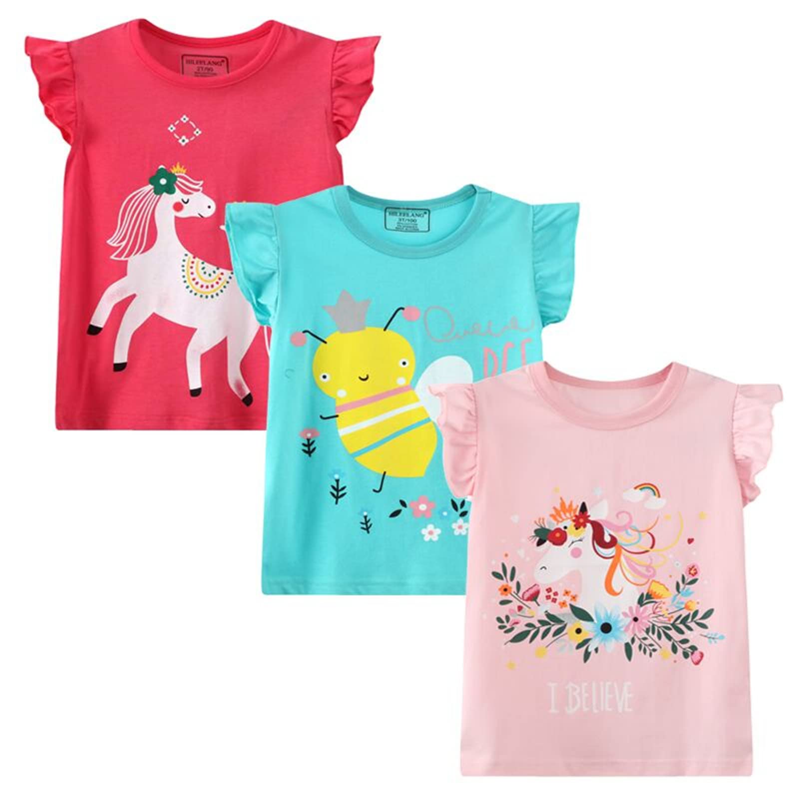 HILEELNAG Girls' Short Sleeve Cotton Graphic T-Shirts - 3 Pack Casual Summer Tops for Easter, School, Playdates & Outdoor Activities