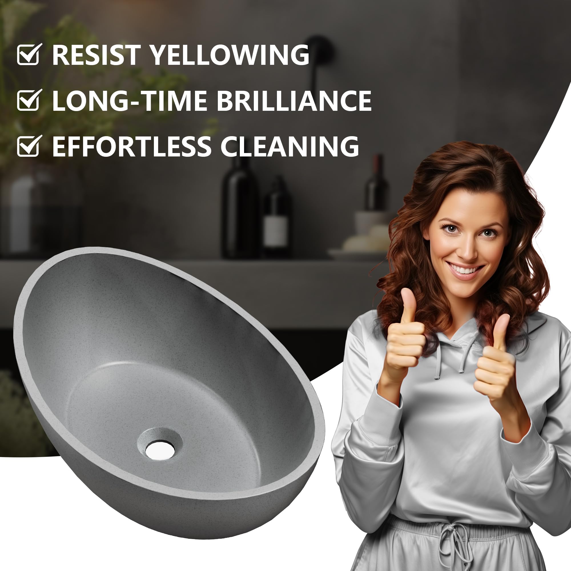 Dolonm Grey Concrete Vessel Bathroom Sink - 21x14 Inch Modern Bowl Shaped Countertop Basin Without Faucet & Drain - Perfect for Contemporary Bathrooms, Powder Rooms & Vanity Makeovers