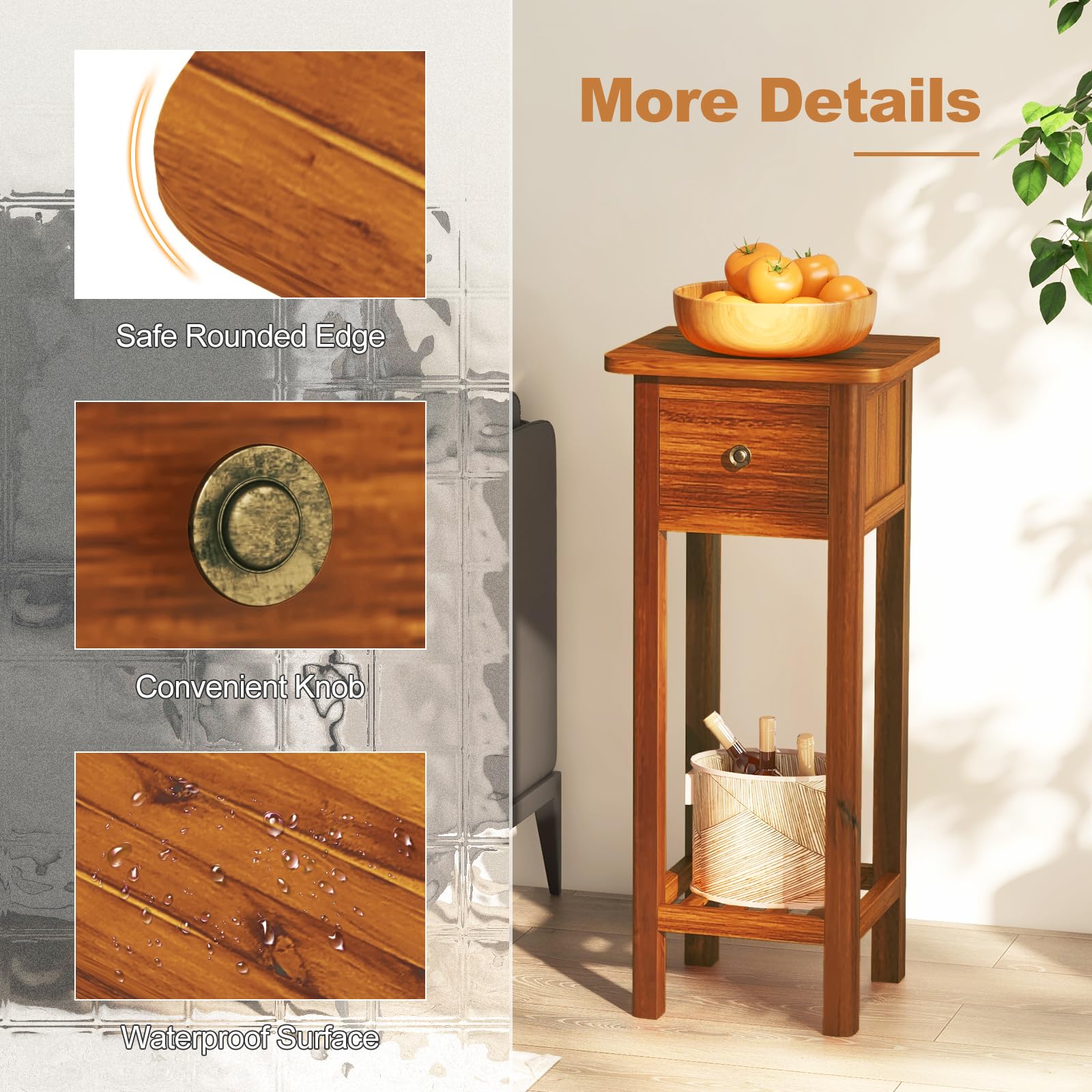 Tangkula Narrow Side Table - Small End Table for Compact Spaces, Farmhouse Style Acacia Wood Slim Bedside Table with Drawer & Open Shelf, 2-Tier Tall Nightstand for Living Room, Bedroom, Dorm - No Assembly Required | Perfect for Small Apartments, Studio Living & Space-Saving Home Decor