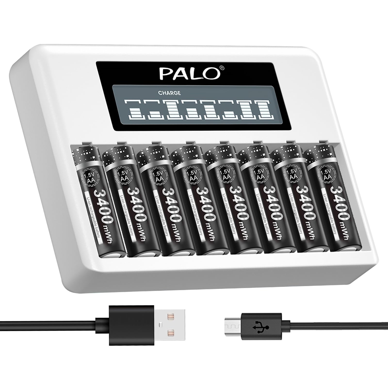 Palogreen 1.5V AA Rechargeable Lithium Batteries 3400mWh 8-Pack with LCD Display Charger - High Capacity Li-ion Battery for AA/AAA Devices - Perfect for Cameras, Toys, Flashlights & Electronics