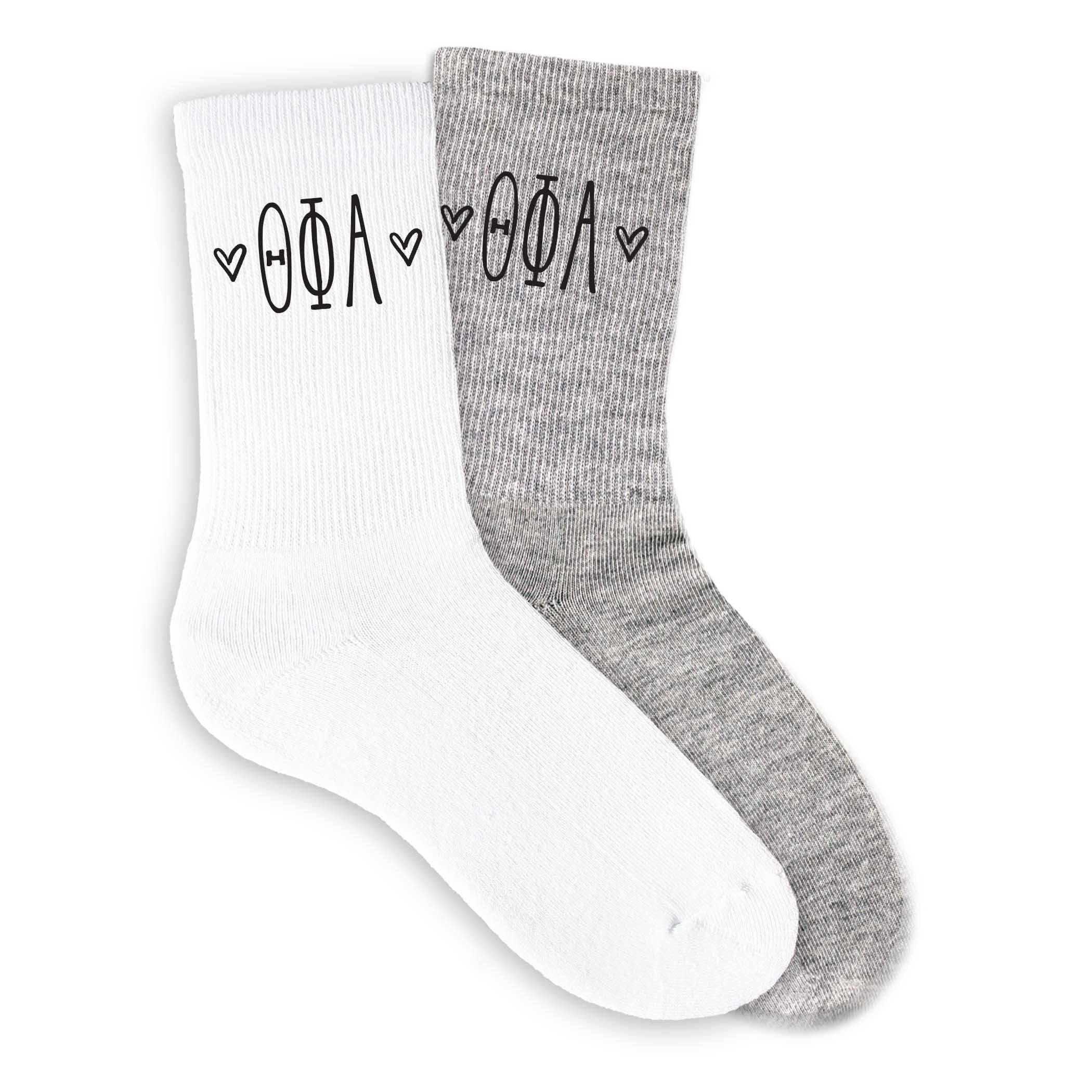 Theta Phi Alpha Sorority Letters with Hearts Greek Letter Crew Socks - White, Pink & Heather Gray - Comfortable College Socks for Sorority Sisters, Greek Life & Campus Fashion