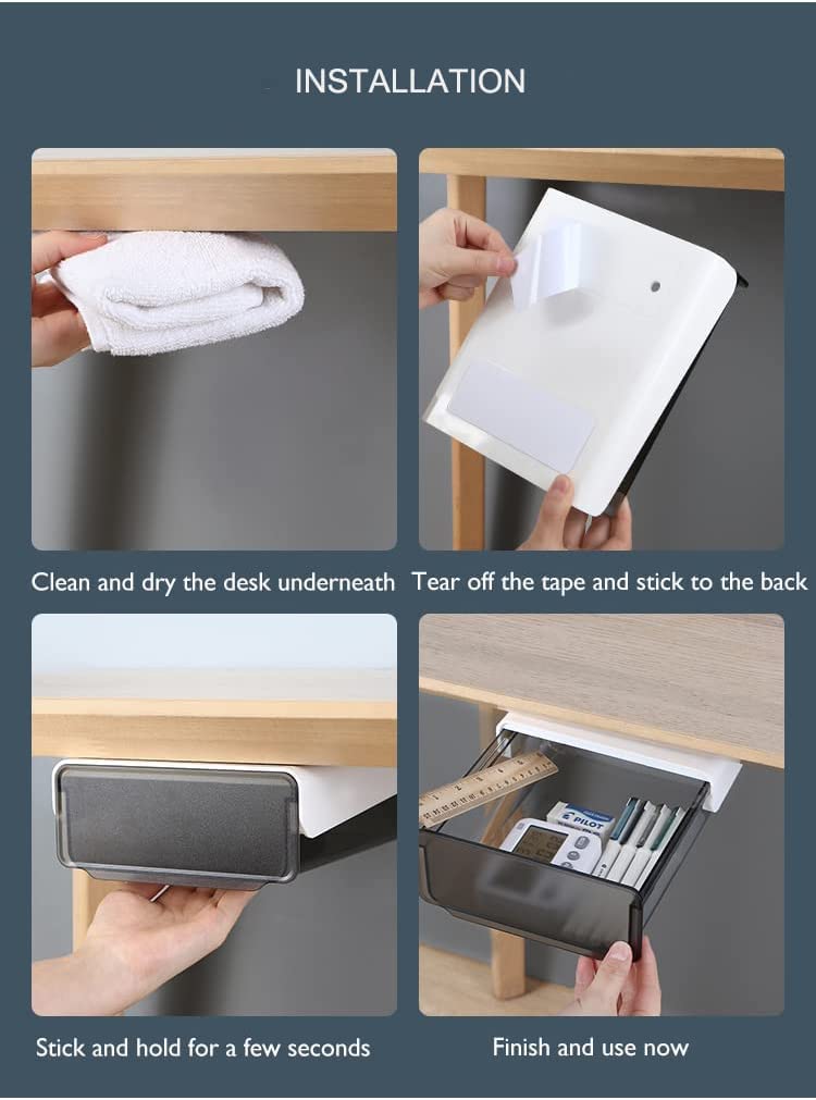 Under Desk Drawer Organizer 2-Pack - Self-Adhesive Slide-Out Storage Drawer for Office & Home - Perfect for Organizing Stationery, Office Supplies & Closet Items - Space-Saving Hidden Mount Solution for Desks, Workstations & Home Offices
