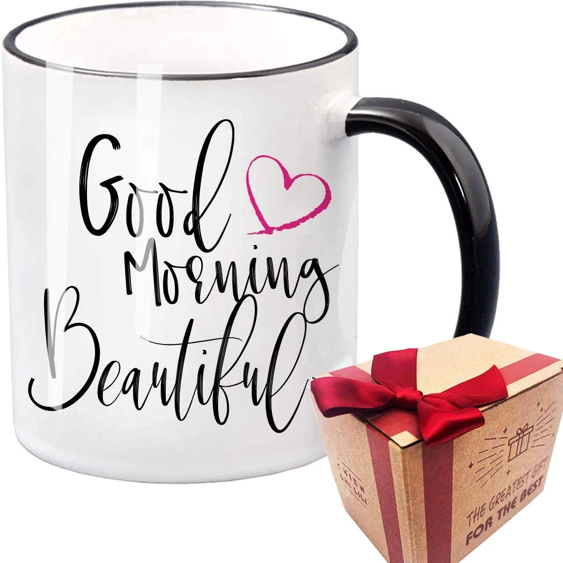 Good Morning Beautiful Coffee Mug - Inspirational Gift for Women, Boss, Friend, Sister, Mom, Daughter - Perfect for Thanksgiving, Christmas & Birthdays - Great for Office, Home & Gifting (Black Handle)