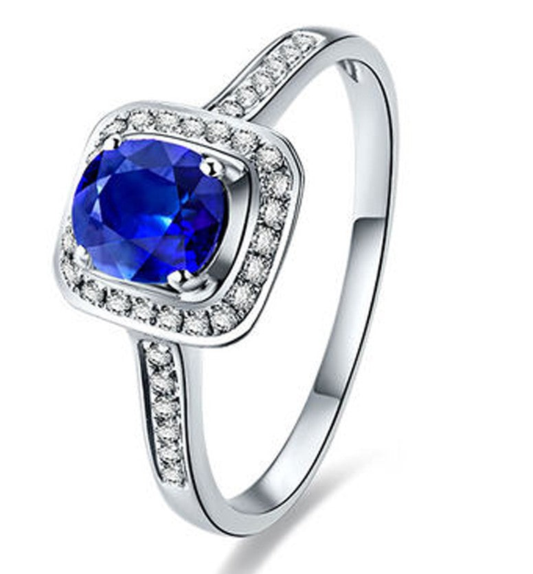 1.50 Carat Blue Sapphire & Moissanite Diamond Halo Engagement Ring for Women - 14K White Gold Wedding Band, Anniversary Gift, Proposal Jewelry for Her