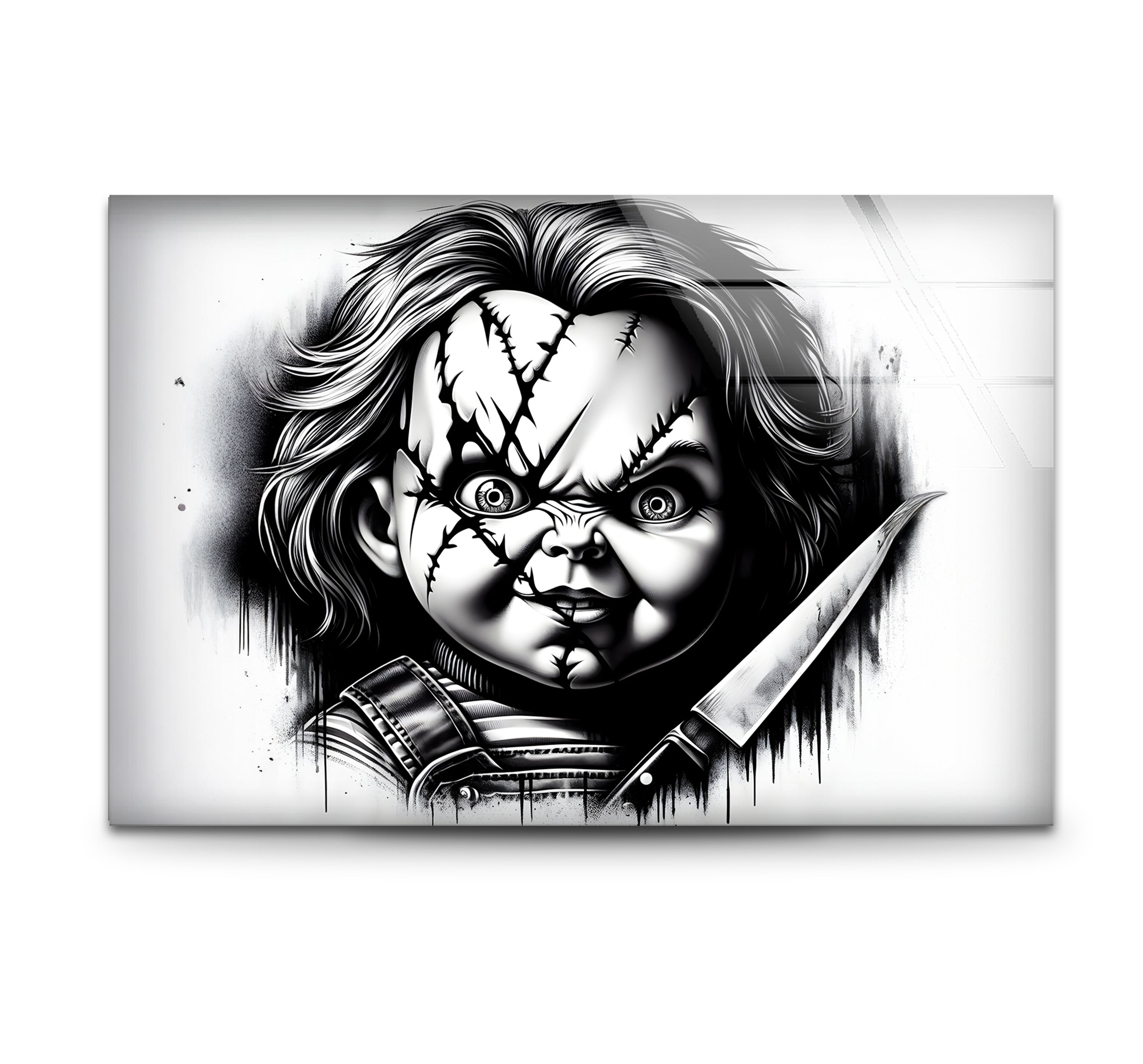 Chucky Horror Movie Glass Wall Art - Black & White Drawing for Home & Office Decor - Perfect for Halloween, Horror Fans & Movie Lovers