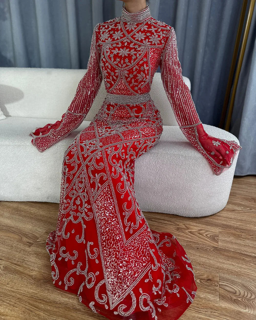 Luxury Dubai Muslim Red Mermaid Black Evening Dress with Cape Sleeves and Beaded Details for Formal Occasions - LA72316C | Elegant Islamic Abaya for Weddings, Galas & Special Events