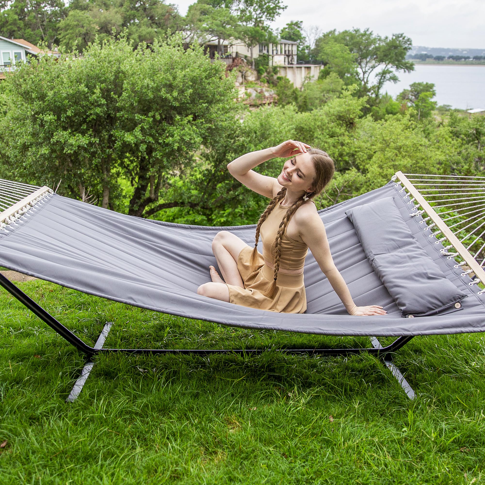 SUNCREAT 2 Person Hammock with Stand - Heavy Duty Portable Outdoor Hammock for Backyard, Camping & Beach - 475 lbs Capacity - Dark Grey - Perfect for Relaxing, Lounging & Picnics