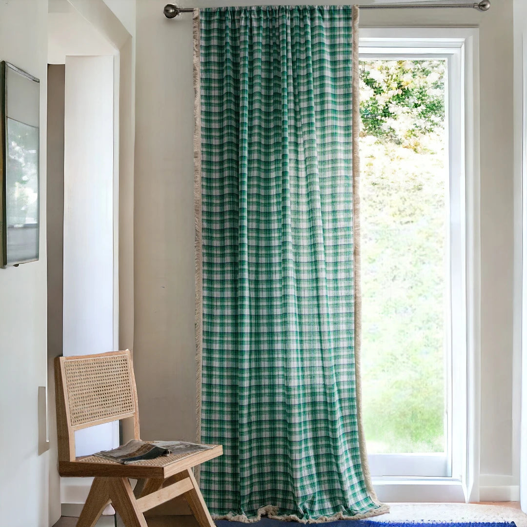 Mina Green Gingham Plaid Light Filtering Custom Curtains with Tassels - Perfect for Living Room, Bedroom & Nursery Window Treatments