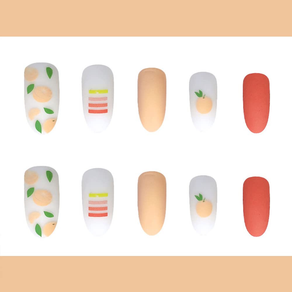24 Pcs Medium Almond Press on Nails - Nude Fake Nails with Orange Fruit Design, Glossy Short Artificial Nails with Glue for Women & Girls (Light Yellow Base/Green White) | Perfect for Parties, Weddings, Daily Wear & Nail Art Enthusiasts
