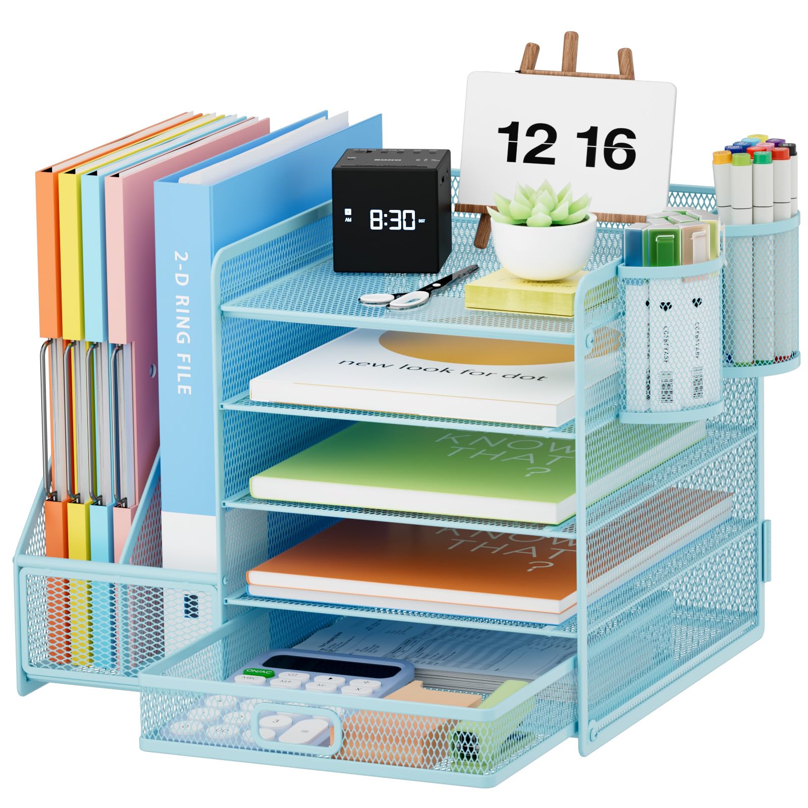 5-Tier Mesh Desk Organizer with File Holder, Drawer & Pen Holders - Office Paper Letter Tray, Magazine Storage for Supplies - Perfect for Home Office, School & Workspace Organization (Blue)
