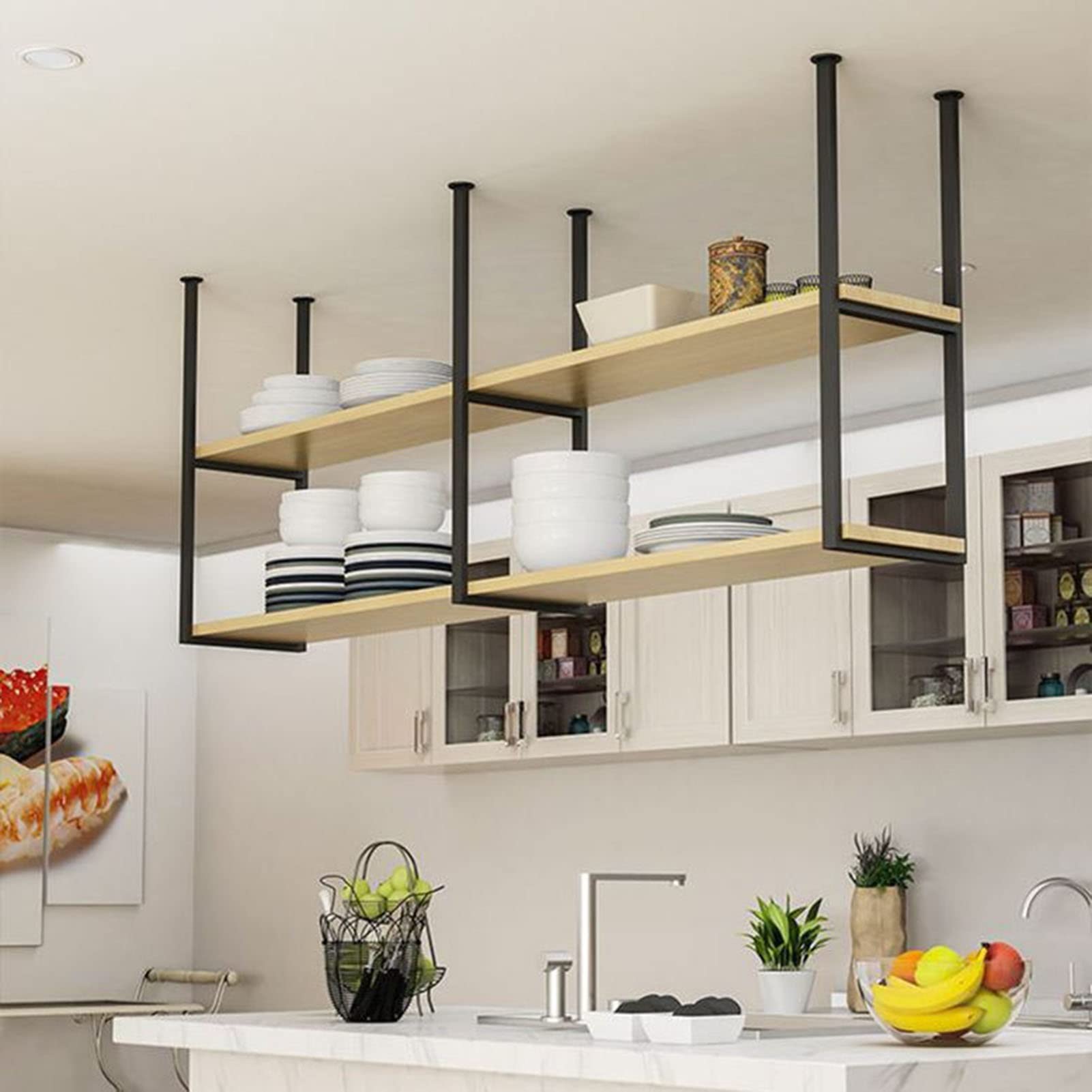 Industrial Black Wrought Iron Floating Shelf with Solid Wood - 80x30x80cm Ceiling Mounted Storage for Wine, Plants & Kitchen Decor | Perfect for Modern Home, Bar, Restaurant & Office Display