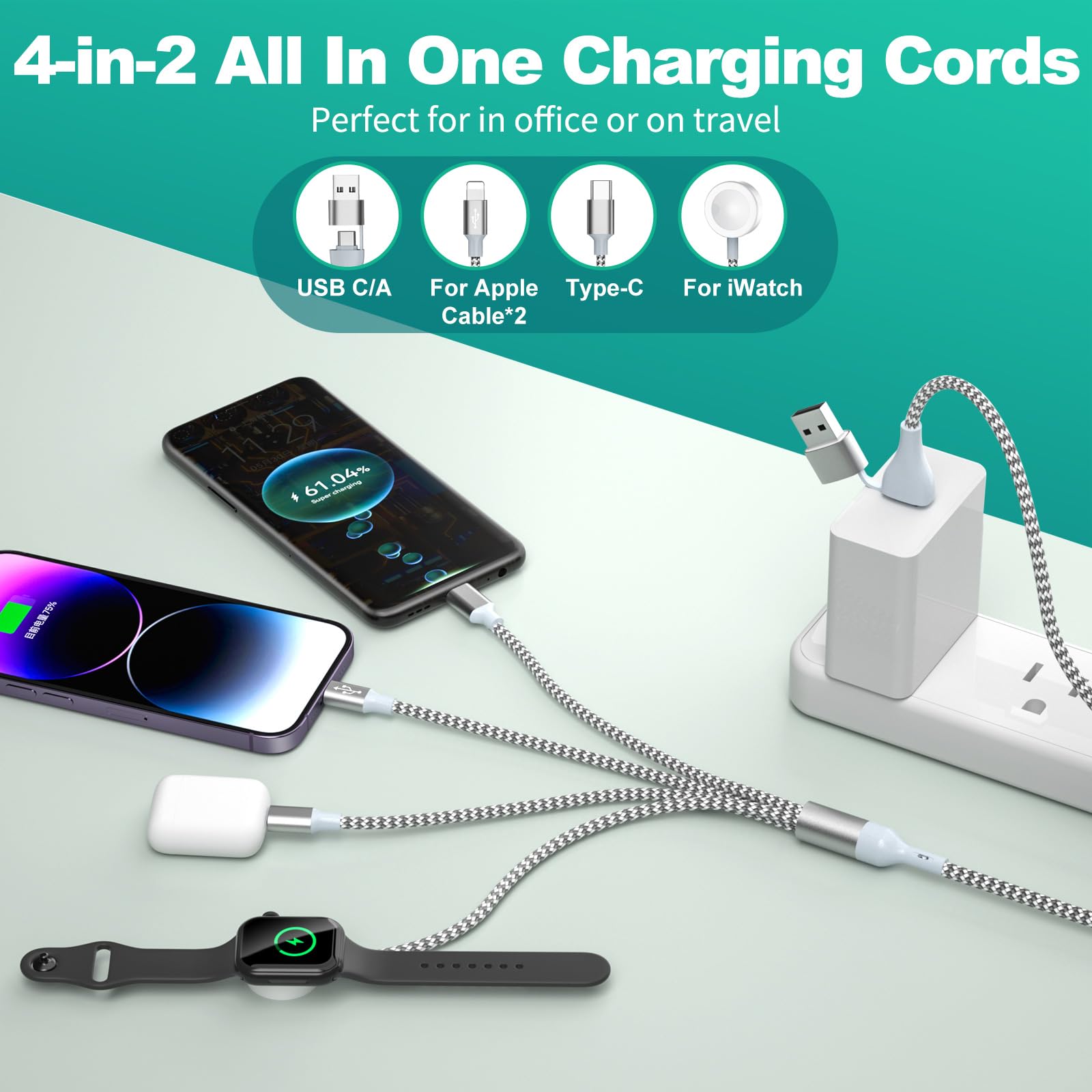 4-in-1 Magnetic Charging Cable for Apple Watch & iPhone - 6ft Nylon Braided Multi Charger with USB A/C Ports - Compatible with iPhone 15, Galaxy, Pixel - Perfect for Travel, Office & Home Charging