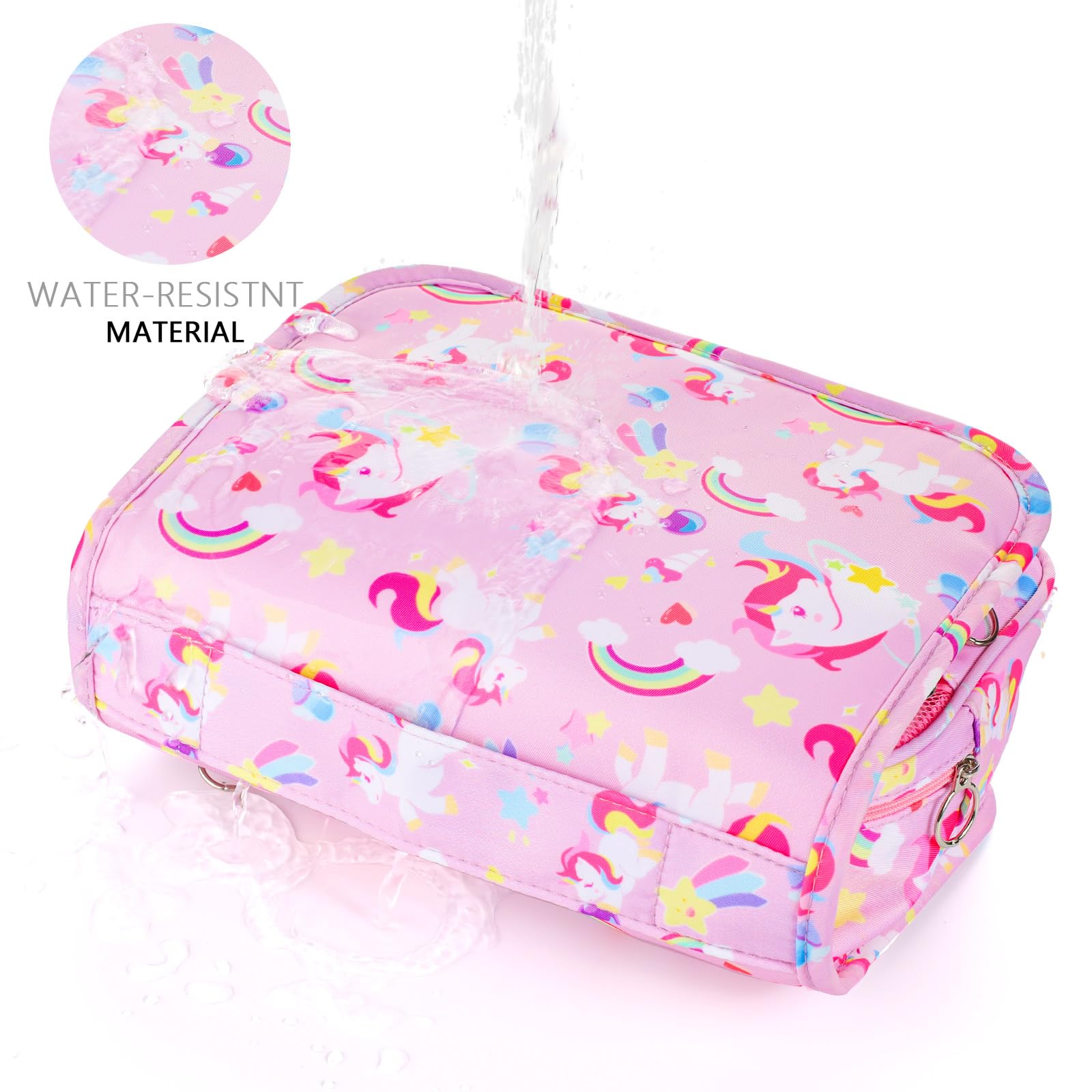 Unicorn Pink Waterproof Kids Hanging Toiletry Bag for Girls - Travel Cosmetic Makeup Wash Bag for Toddlers & Little Girls - Perfect for School Trips, Sleepovers, and Family Vacations