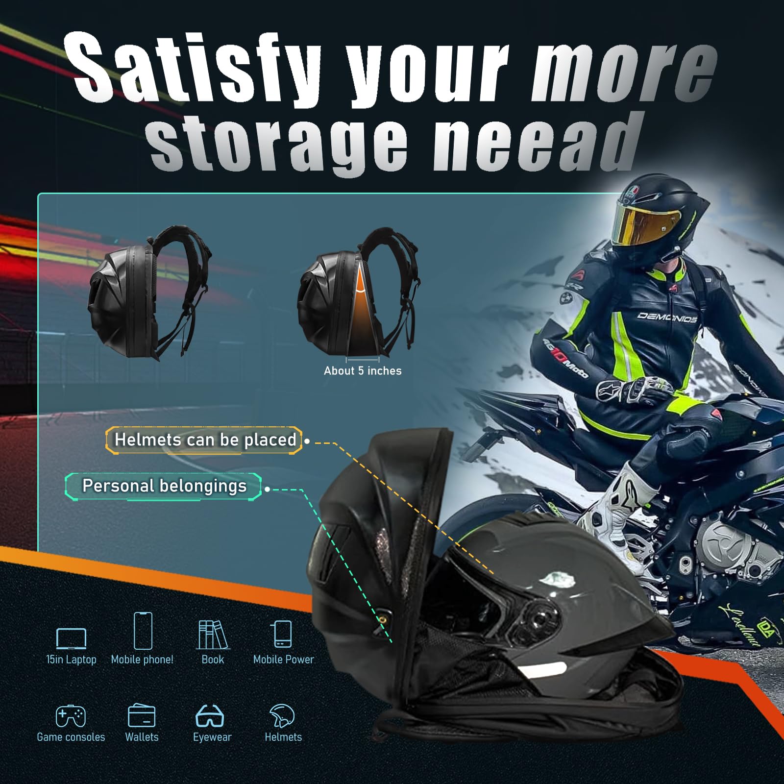 Programmable LED Backpack for Men - Waterproof Hard Shell Motorcycle Helmet Bag & Travel Laptop Shoulder Bag | DIY Motorbike Knight Wrap | Perfect for Riding, Commuting & Adventure Travel (Black)