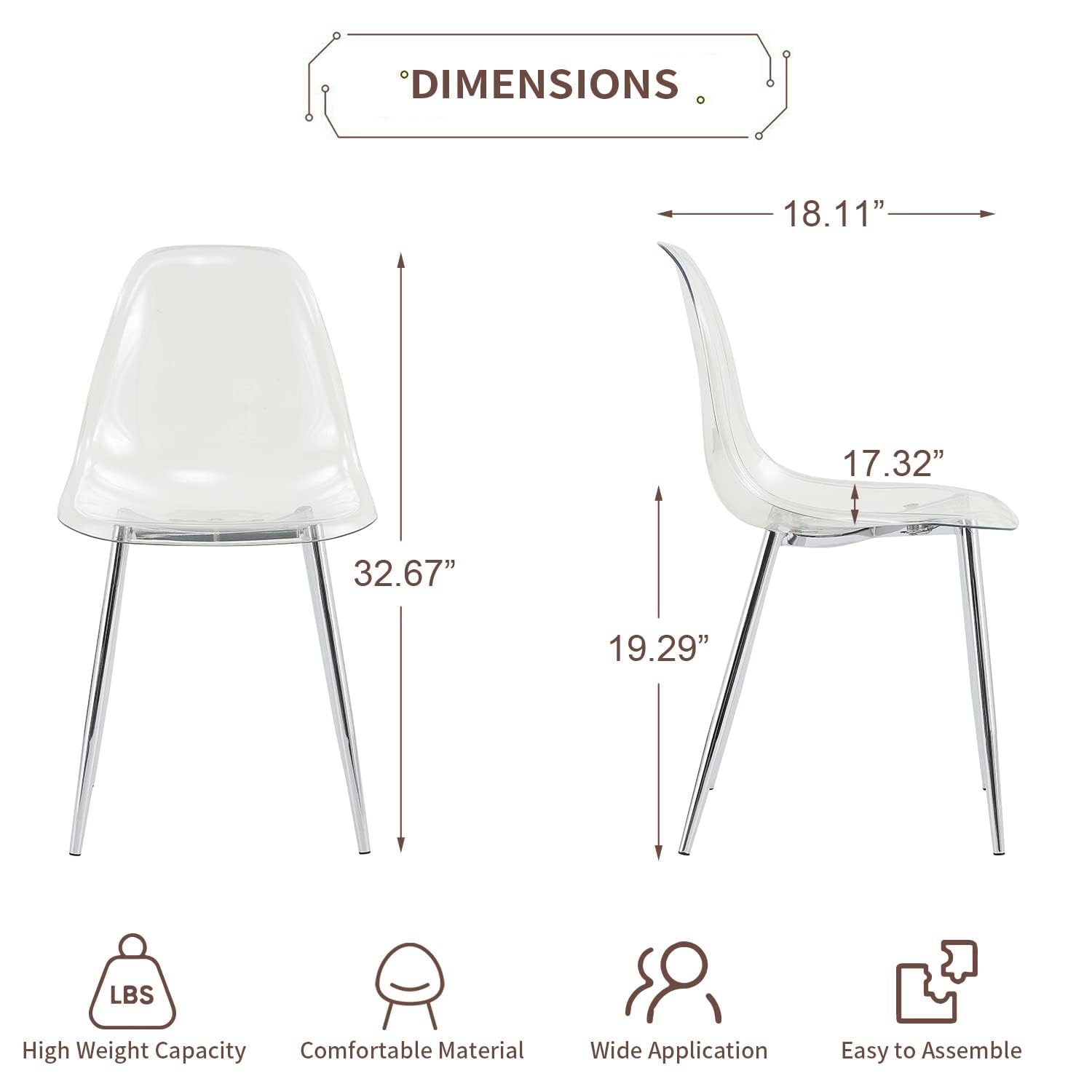 Baysitone 4-Piece Clear Acrylic Dining Chairs Set - Modern Transparent Kitchen Chairs with Sturdy Metal Legs - Silver Finish for Dining Room, Kitchen & Living Room - Perfect for Small Spaces, Minimalist Decor & Contemporary Home Settings