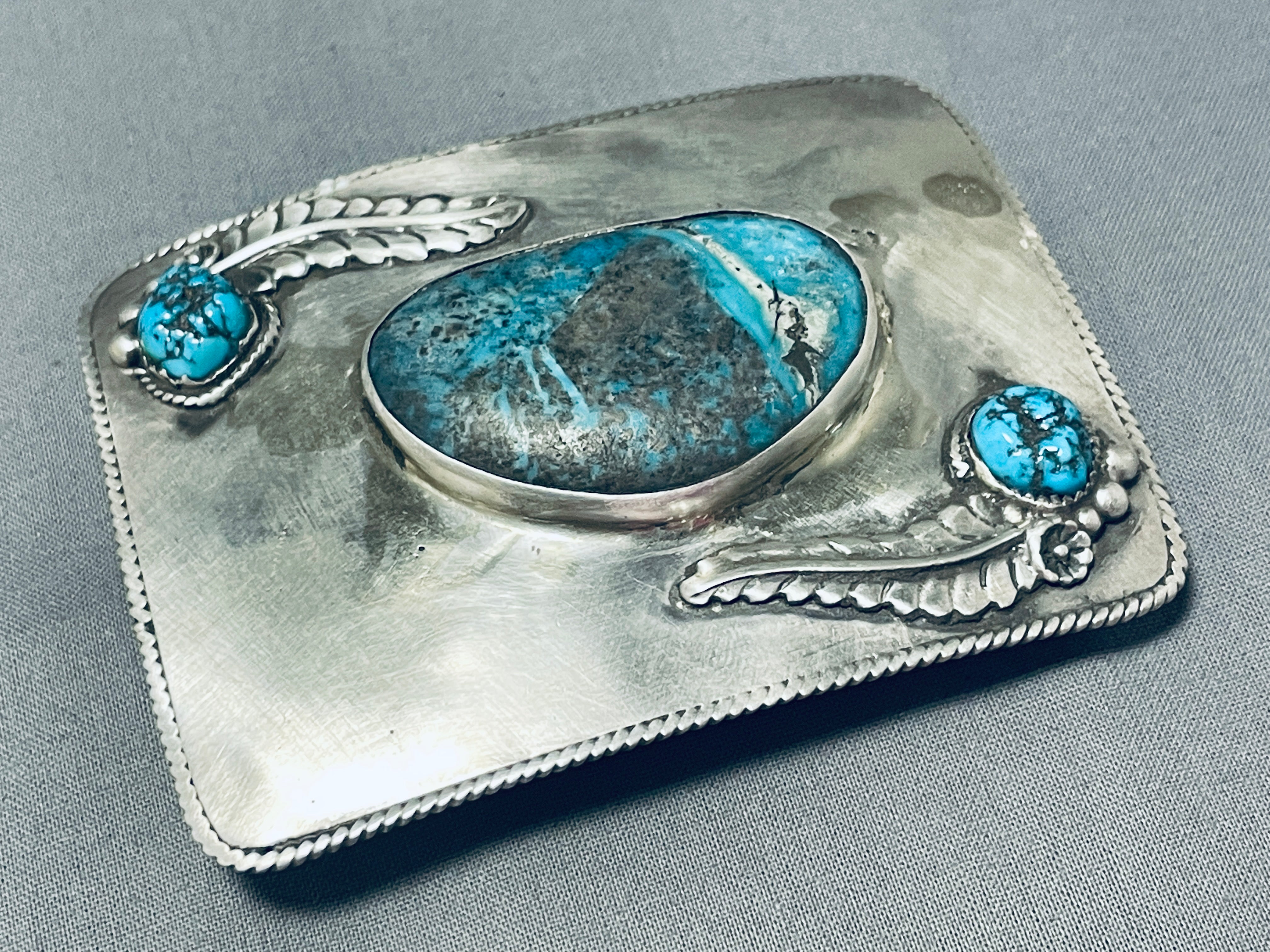 101 Grams Rare Vintage Native American Navajo 3 Kingman Turquoise Sterling Silver Huge Buckle - Authentic Native Jewelry for Western Fashion & Belt Accessories