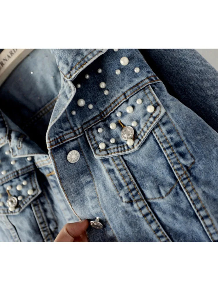 Stylish Women's Denim Jacket with Pearl Buttons - Loose Fit Full Sleeve Short Lapel Jacket for Casual Fall Outfits | Perfect for Autumn Layering, Weekend Wear & Street Style Fashion