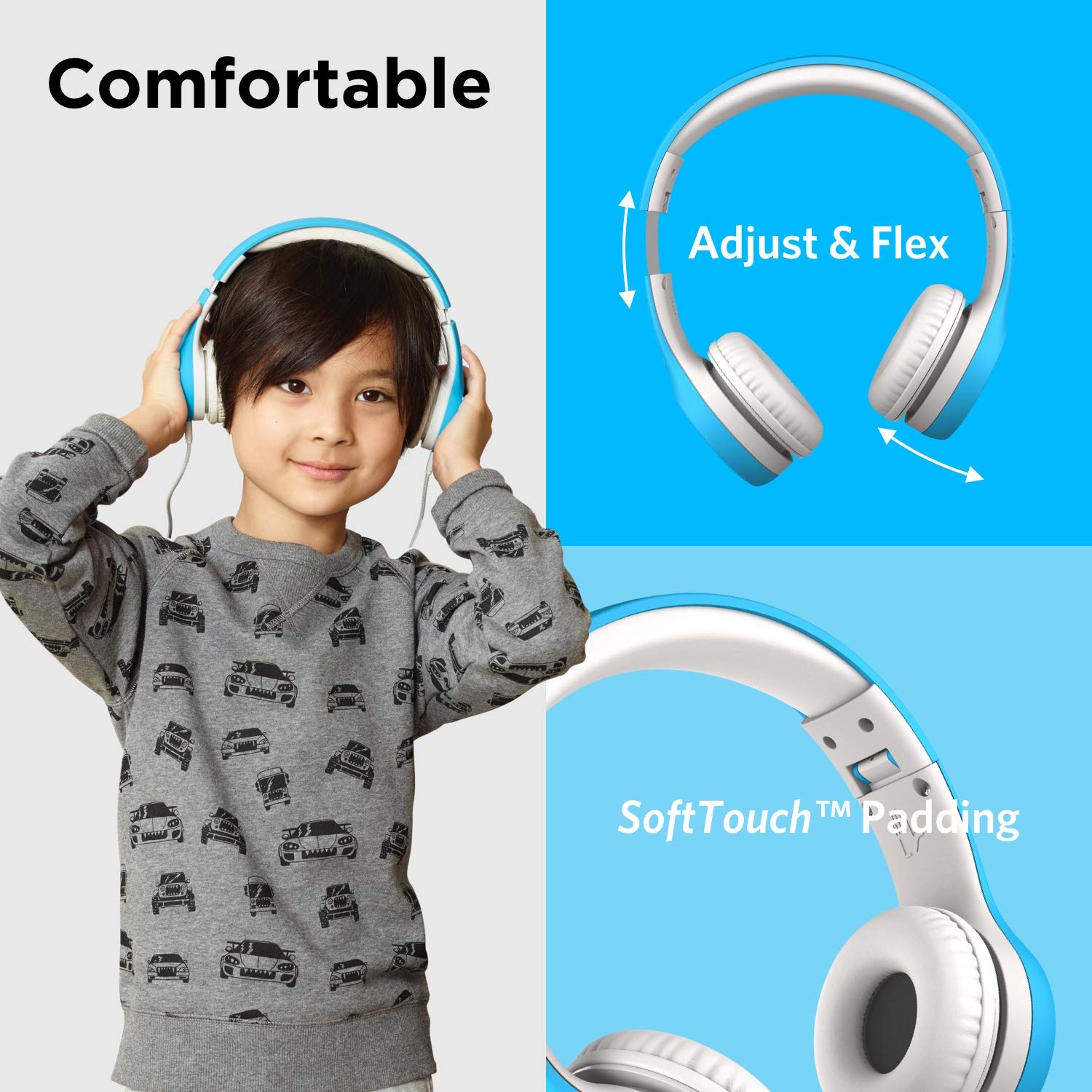 LilGadgets Connect+ Style On-Ear Kids Headphones with Microphone - SharePort Technology, SoftTouch Padding, Detachable Cable, Noise Reduction, Durable & Adjustable - Blue Headphones for Boys & Girls - Perfect for School, Travel, and Online Learning