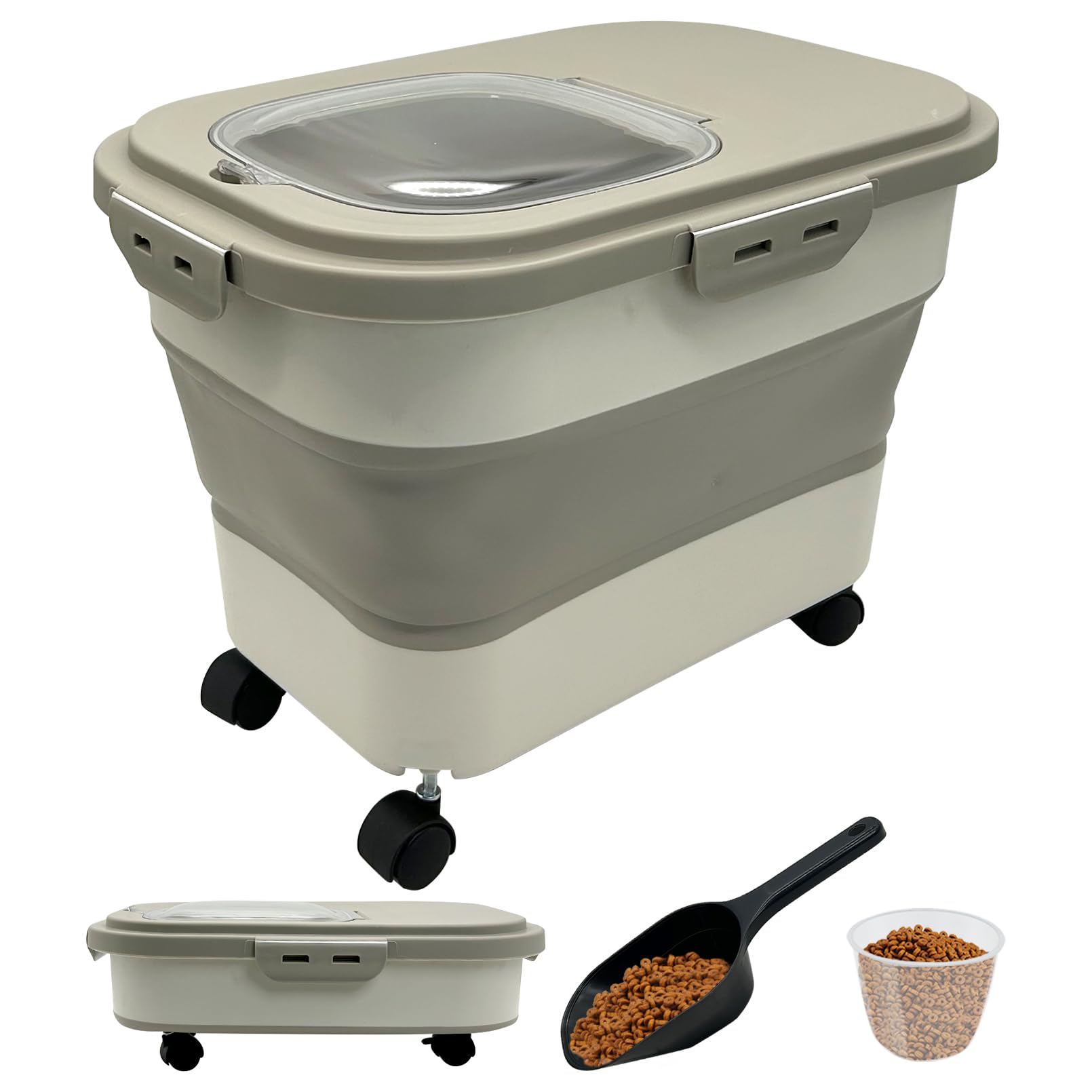 VCEPJH 20Lb Collapsible Pet Food Storage Container with Wheels, Scoop & Measuring Cup - Airtight Dog & Cat Food Bin for Dry Food, Rice, Cereal, Flour - Space Saving Kitchen Storage (Khaki) - Perfect for Home, Travel & Outdoor Use