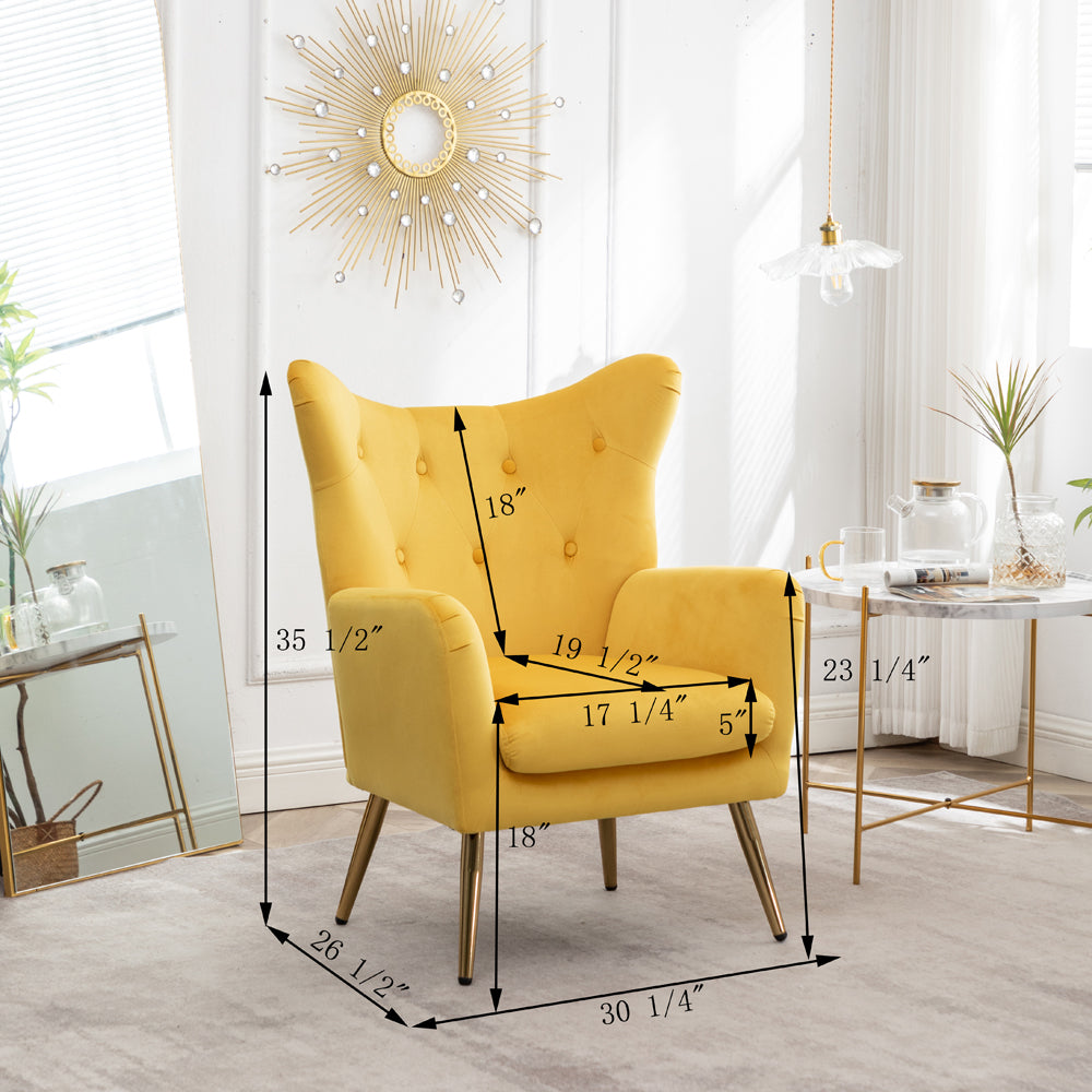Roundhill Furniture Sovarol Velvet Button Tufted Wingback Accent Chair - Luxurious Yellow Velvet Upholstery for Living Room, Bedroom & Home Office Decor