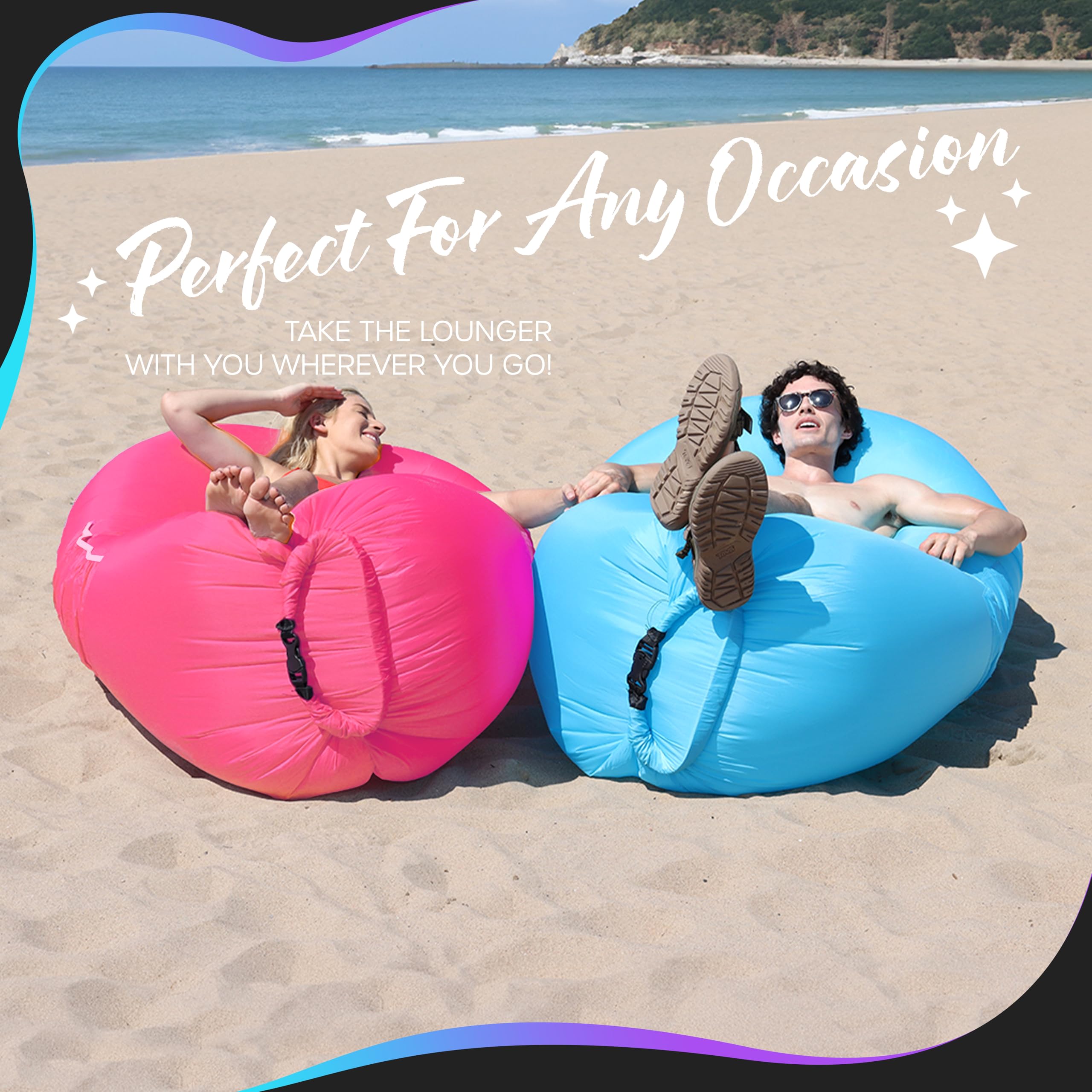 Nevlers 2 Pack Inflatable Lounger Air Sofa - Portable Blow Up Couch for Beach, Camping, Travel & Outdoor Relaxation | Includes Travel Bag, Pegs & 3 Storage Pockets | Perfect for Picnics, Backyard, Poolside & Movie Nights