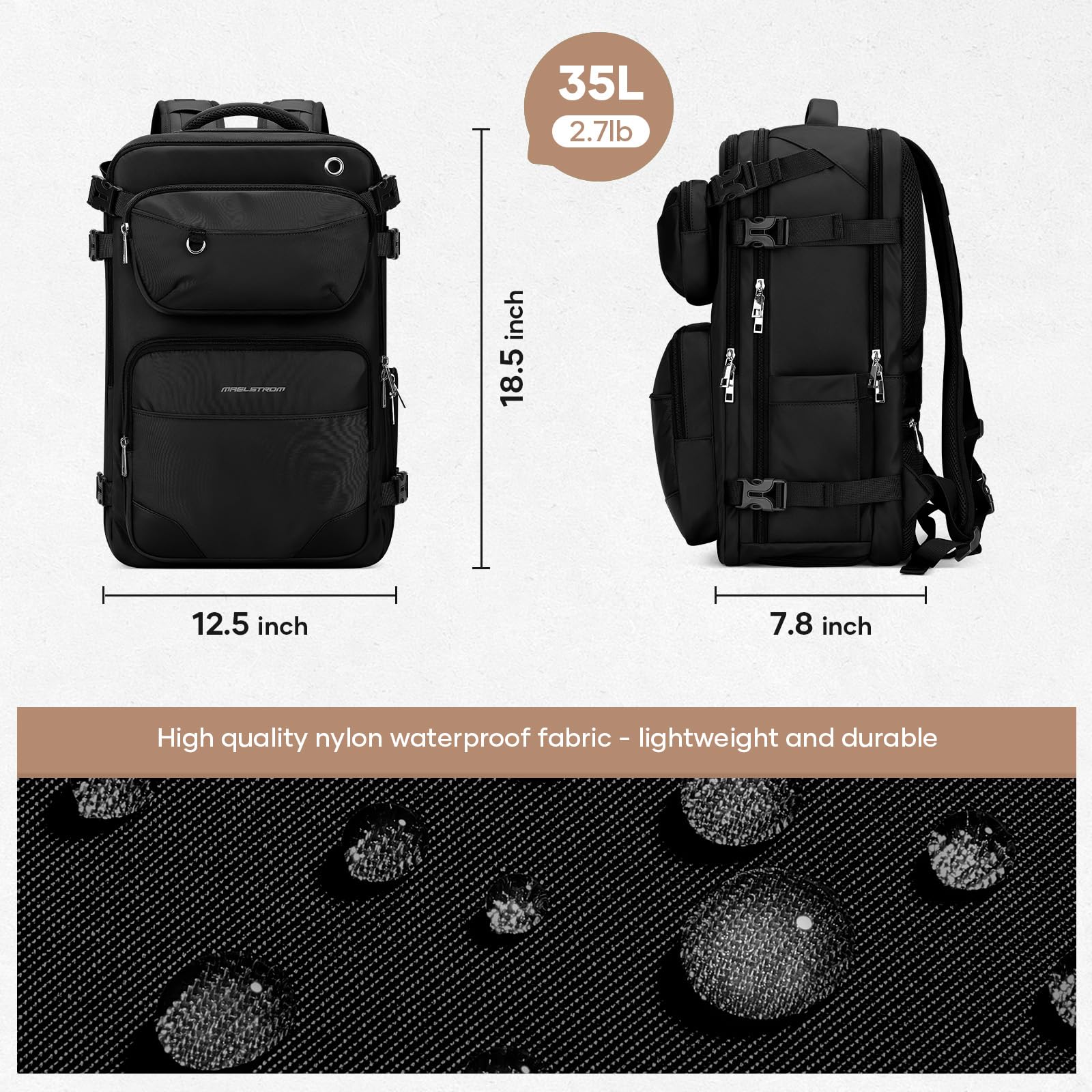 Maelstrom 35L Waterproof Travel Backpack for Men & Women - Carry On Laptop Backpack with Belt Bag & Shoe Compartment, Fits 17” Laptop - Pure Black, Large - Ideal for Airplane Travel, Hiking & Daily Commute