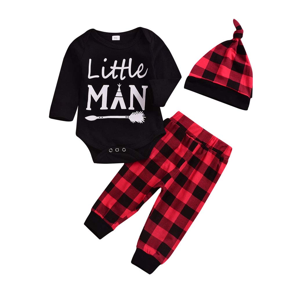 Adorable Newborn Baby Boy & Girl Outfit Set - Long Sleeve Romper, Plaid Pants & Cute Hat (3-Piece) | Perfect for Photoshoots, Holidays & Special Occasions