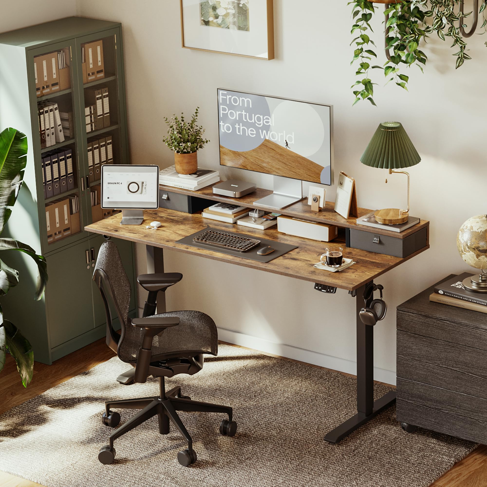 Agilestic 48 x 23 Inches Electric Standing Desk with 2 Fabric Drawers - Height Adjustable Home Office Desk in Rustic Brown for Work from Home & Remote Work Setup