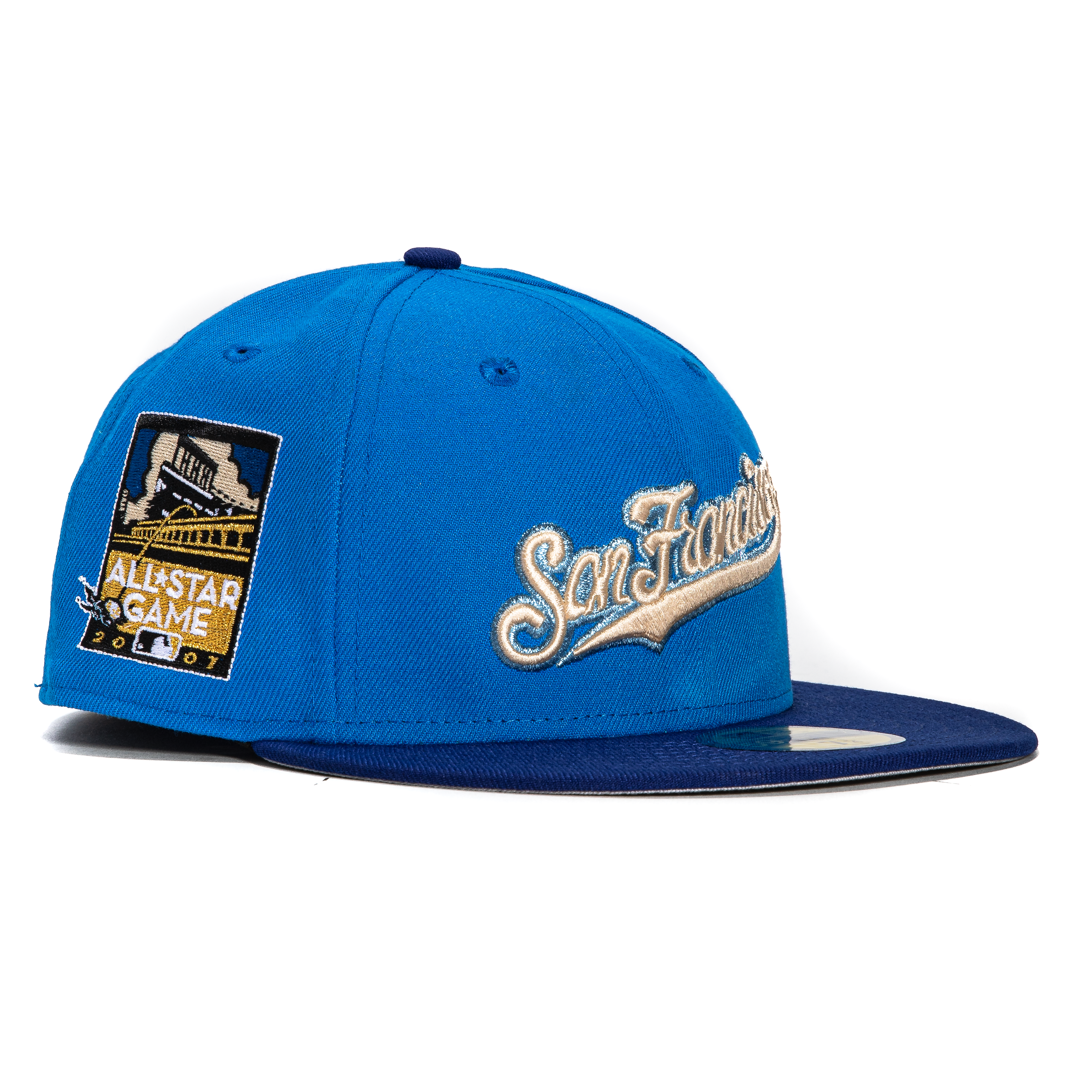 New Era 59Fifty San Francisco Giants 2007 All Star Game Patch Script Hat - Light Blue & Royal - Official MLB Baseball Cap for Fans & Collectors - Perfect for Games, Streetwear & Sports Memorabilia Display