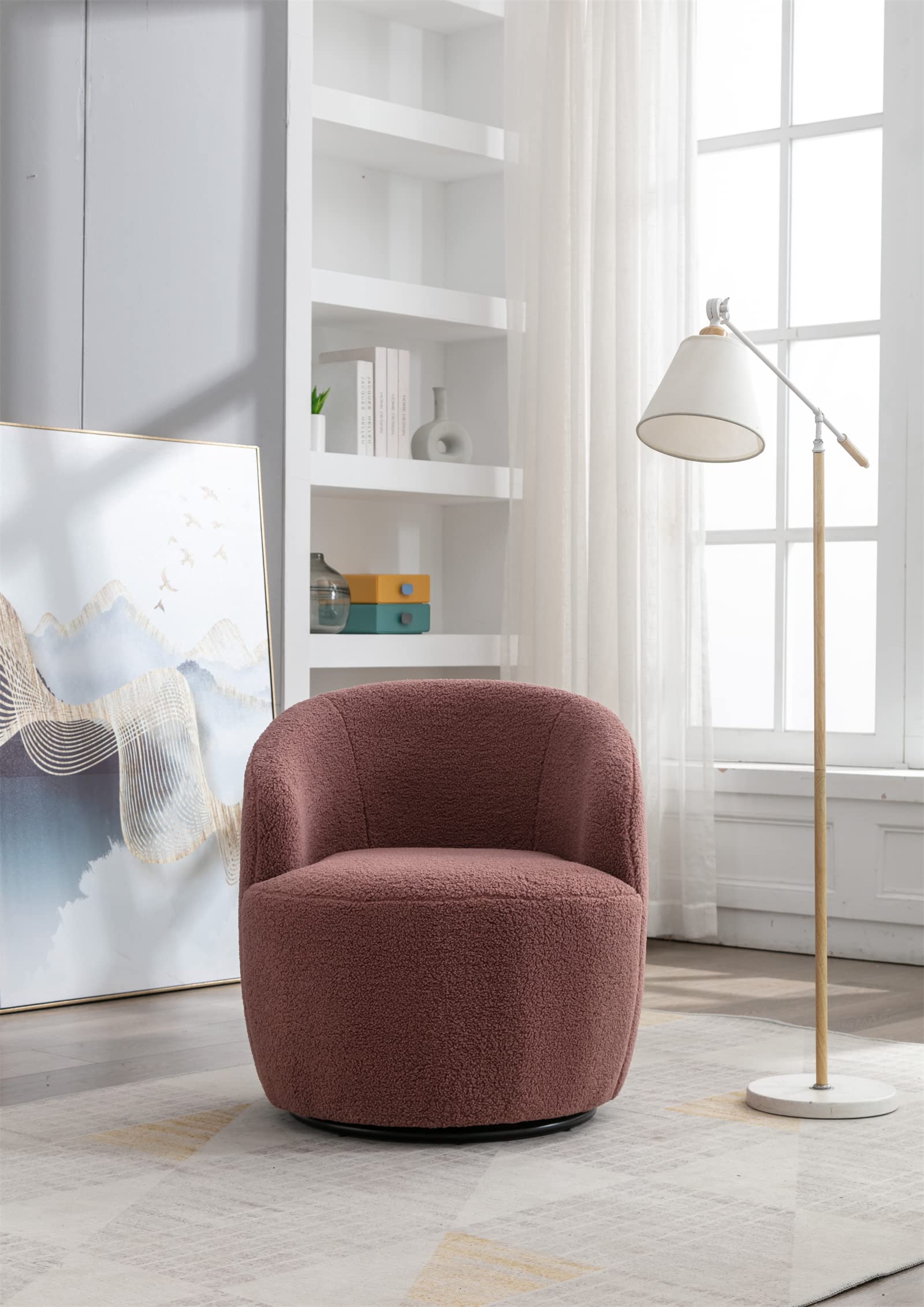 JINS&VICO Modern Swivel Barrel Chair - Teddy Fabric Upholstered Accent Armchair with 360° Metal Swivel Base, Round Single Leisure Sofa Chair for Living Room, Bedroom & Office - Dark Red - Perfect for Reading Nooks, Coffee Shops and Cozy Home Decor