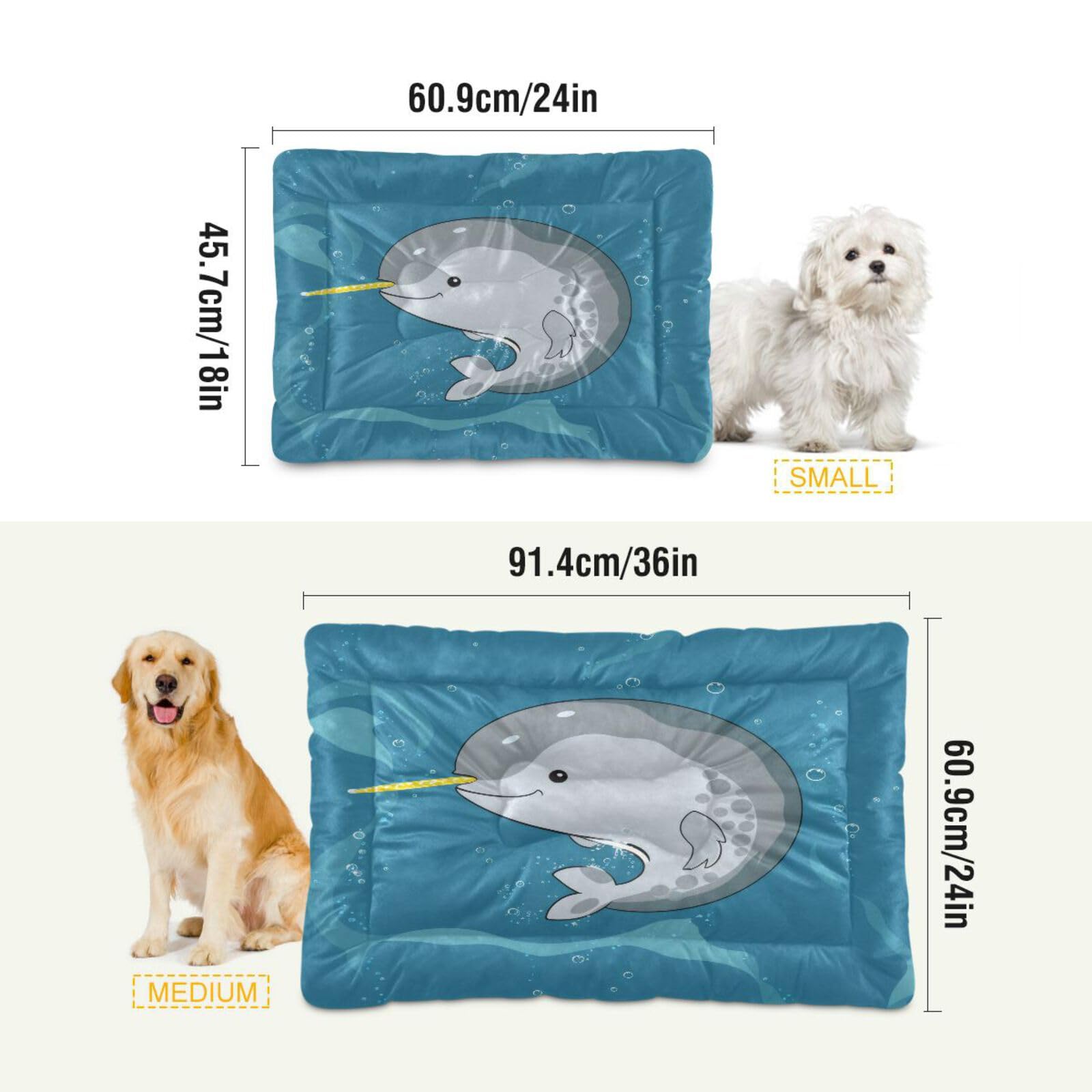 Unicorn Narwhal Dog Bed & Cat Bed - Rectangle Ultra Soft Comfortable Pet Bed for Small & Medium Dogs (24x18 Inches) - Calming Bed for Anxiety Relief, Perfect for Living Room, Bedroom or Crate