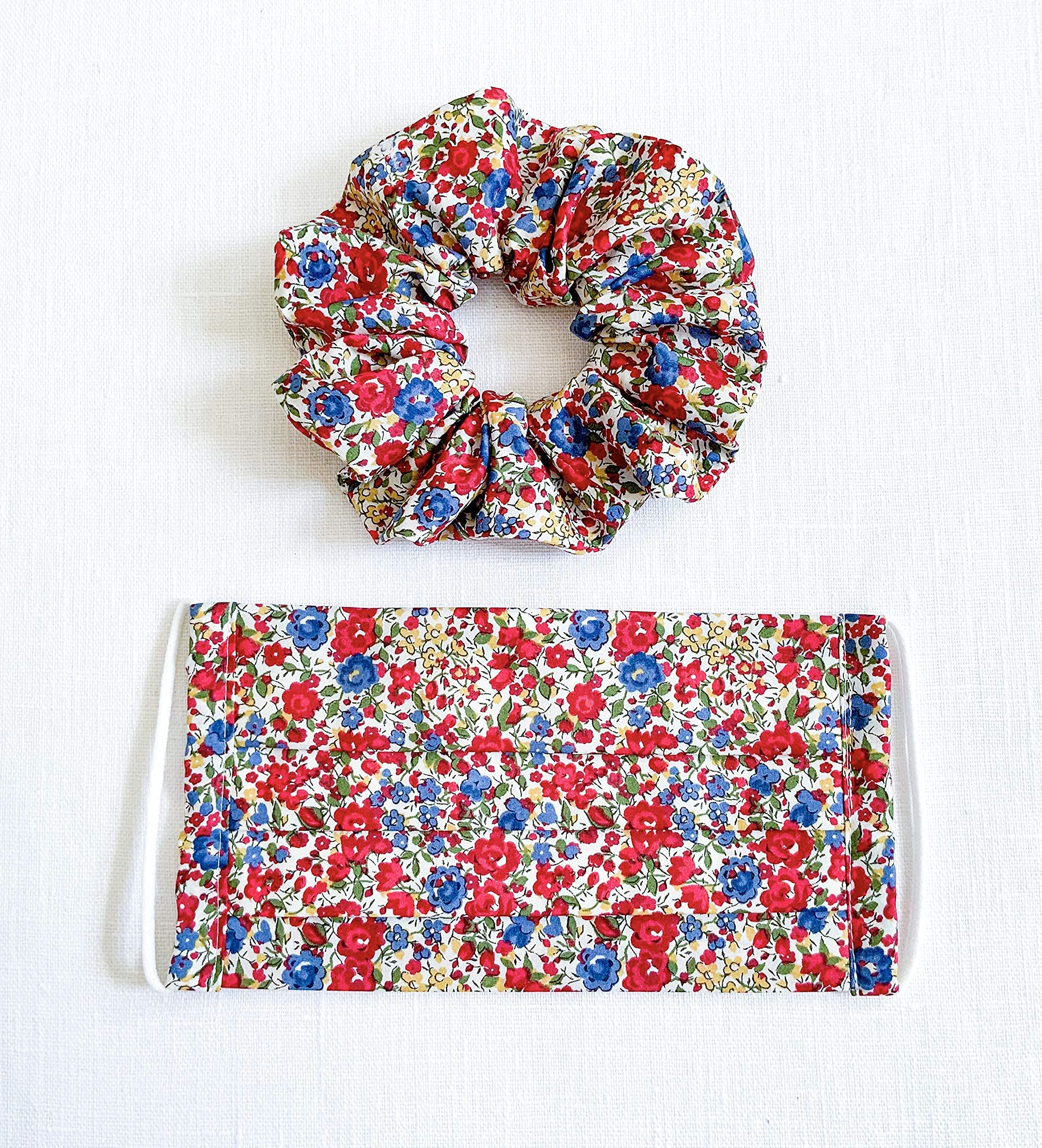 Liberty of London Floral Face Mask & Scrunchie Set for Women | Emma & Georgina Red Tana Lawn Cotton Hair Accessories | Large Pony Tail Holder | Perfect for Everyday Wear, Office & Special Occasions