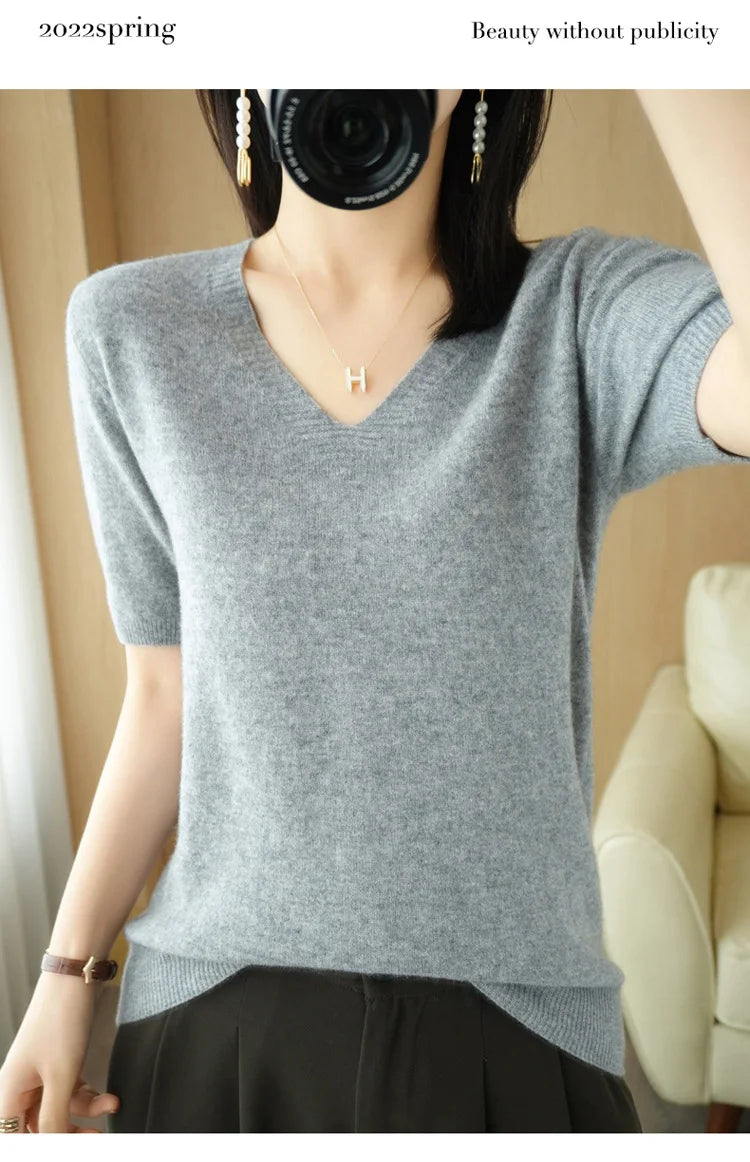Solid Color V-Neck Half-Sleeve Cashmere Sweater for Women - Soft Thin Knit Casual Top for Office Wear & Fall Layering