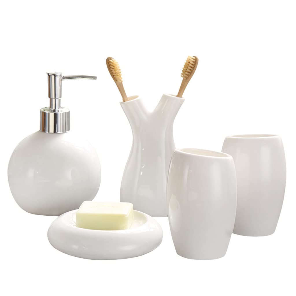 5-Piece Ceramic Bathroom Set - Soap Dish, Toothbrush Holder, Cup, Soap Dispenser & Tray - Elegant Vanity Organizer for Sink Countertop, Spa-Like Shower Decor