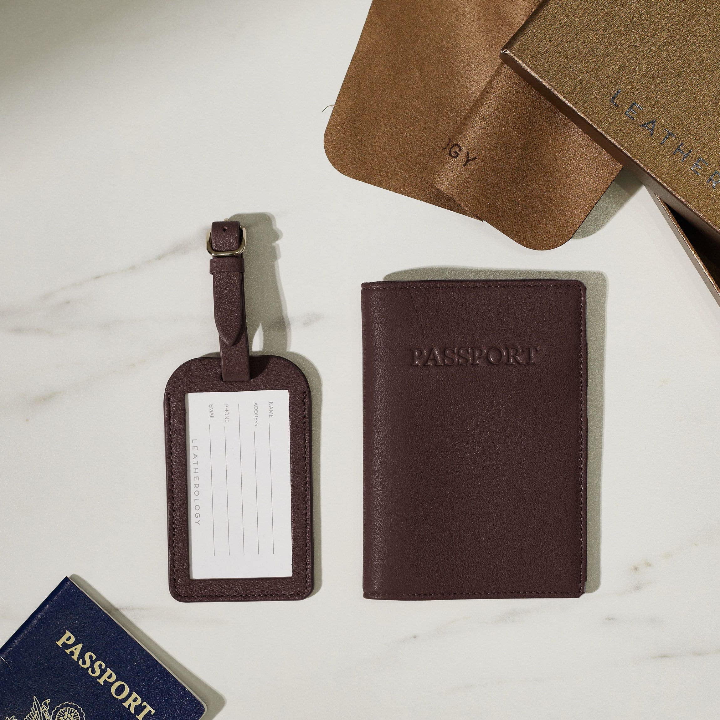 Genuine Leather Passport Holder & Luggage Tag Set - Premium Brown Travel Accessories for Men & Women | Perfect for International Trips, Business Travel & Vacation