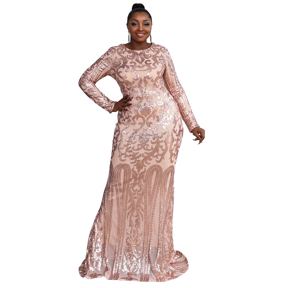 Yesexy Women's Plus Size Formal Evening Gown - Long Sleeve Mermaid Hem Slim Fit Sequin Maxi Dress for Prom, Wedding, Cocktail Party & Special Occasions