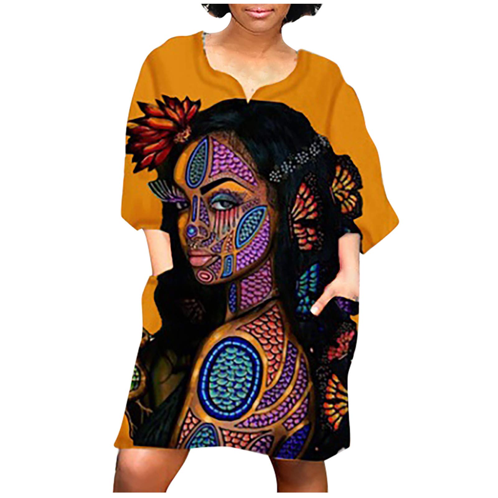 Vintage African Print Sundress for Women - Casual Floral Mini Dress with 3/4 Sleeves, Plus Size Loose Fit Summer Dress for Beach, Vacation & Boho Style Outfits