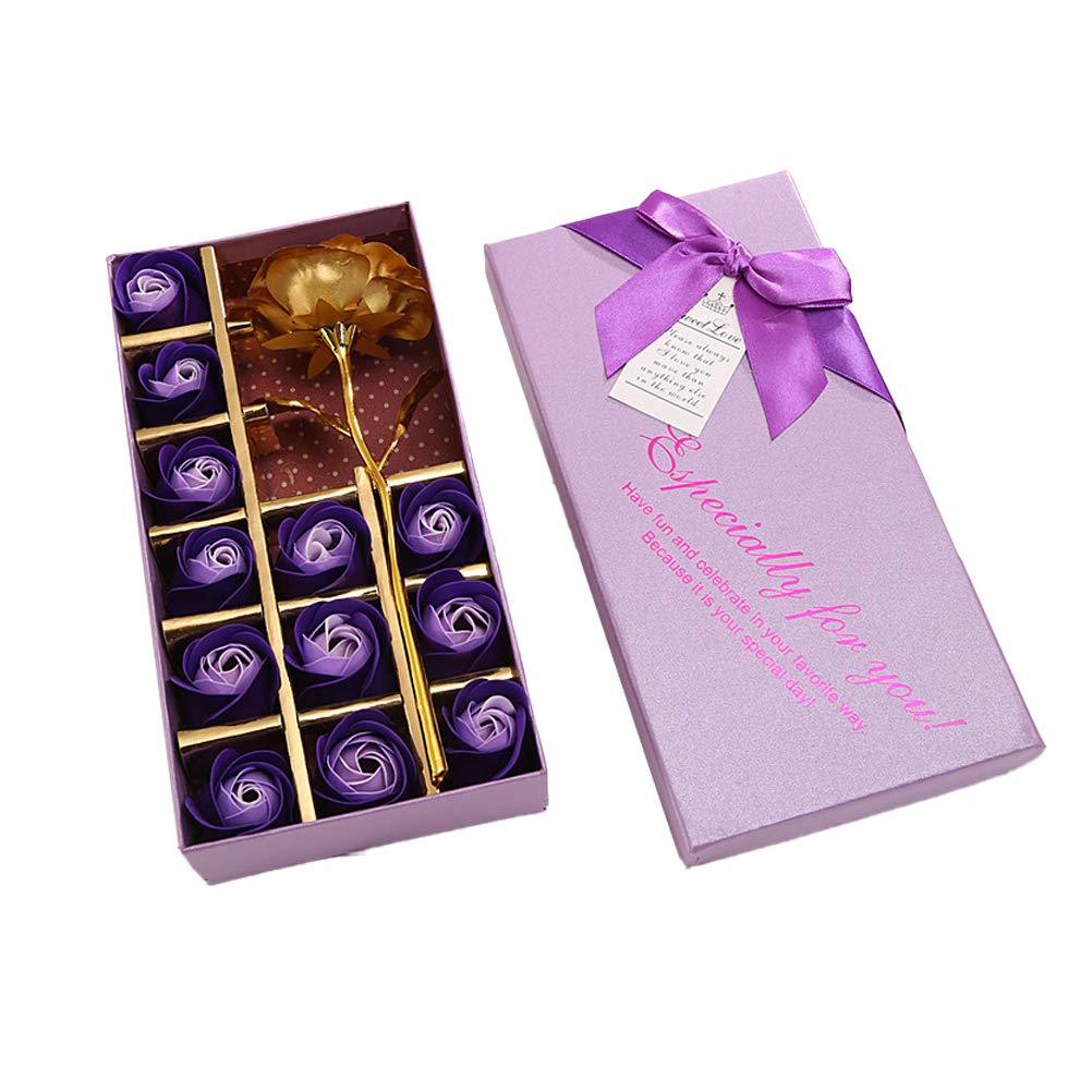 Amosfun 1 Box of 24 Realistic Artificial Rose Soap Flowers - Gold Foil Valentine's Day Gift Set for Women, Girlfriend, Mother (Purple) - Romantic Home Decor, Wedding Centerpiece, Anniversary Gift Idea